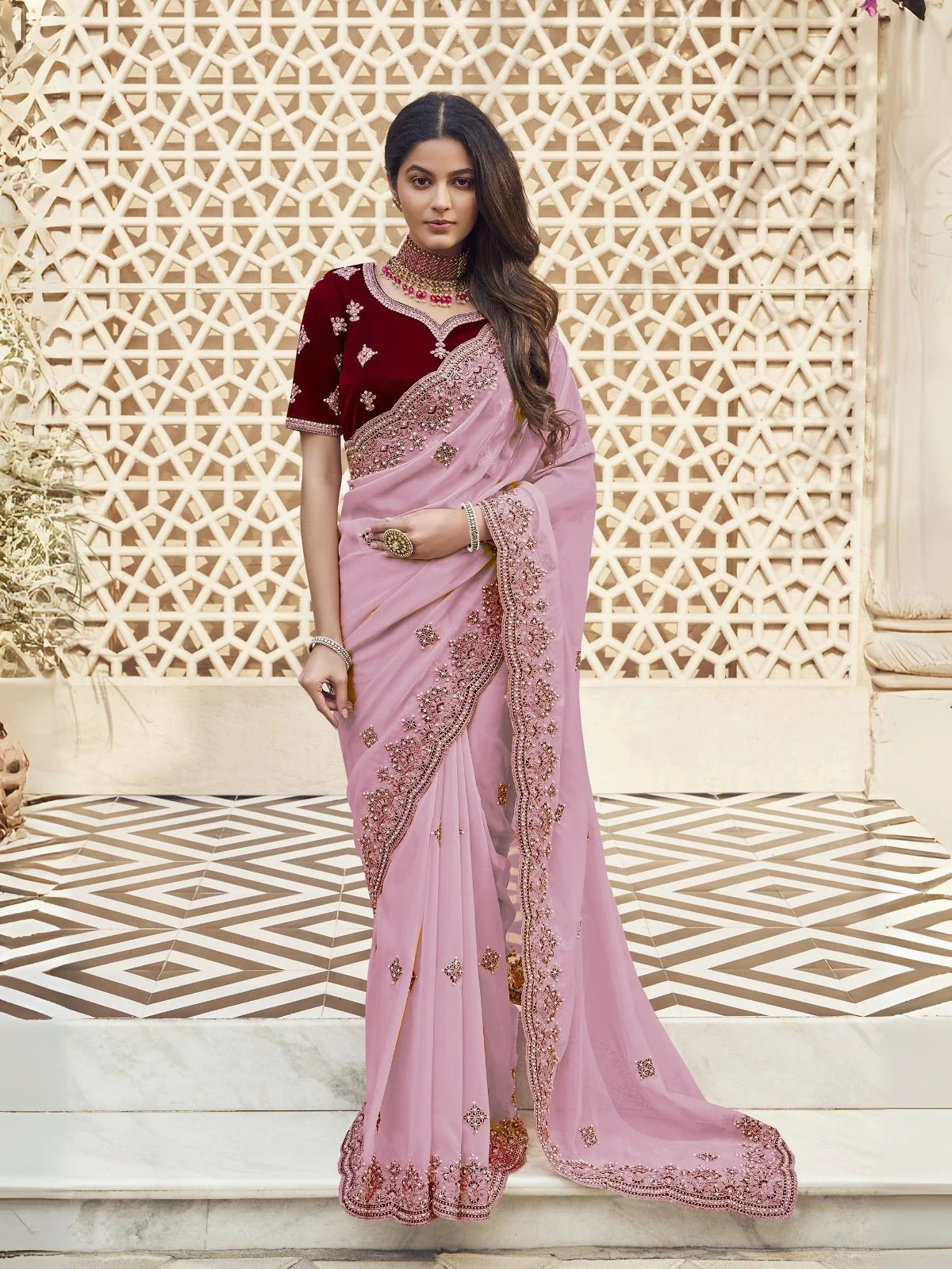 Odette Light Pink Georgette Embroidered Elegant Saree For Women