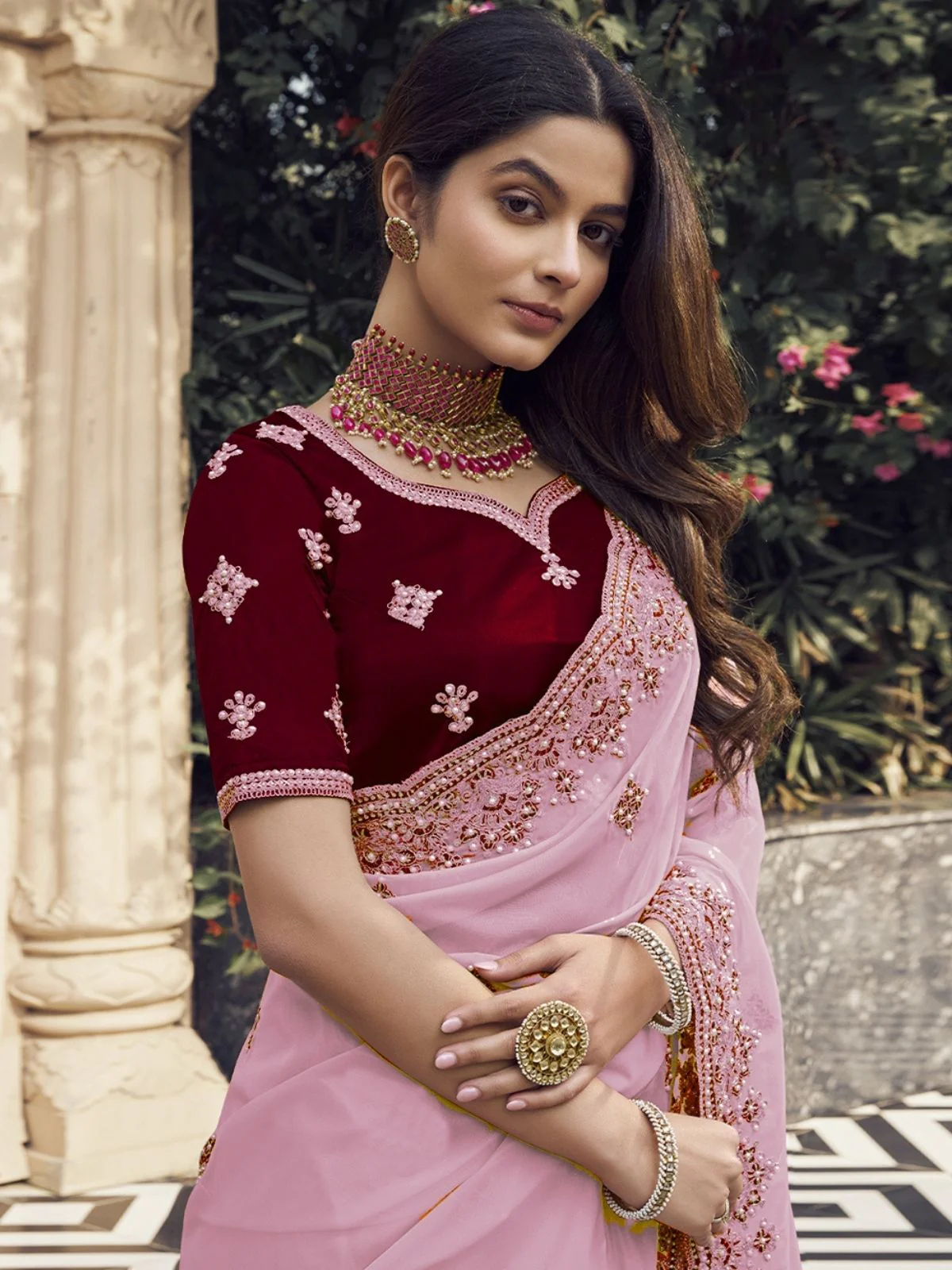 Odette Light Pink Georgette Embroidered Elegant Saree For Women - Image 3