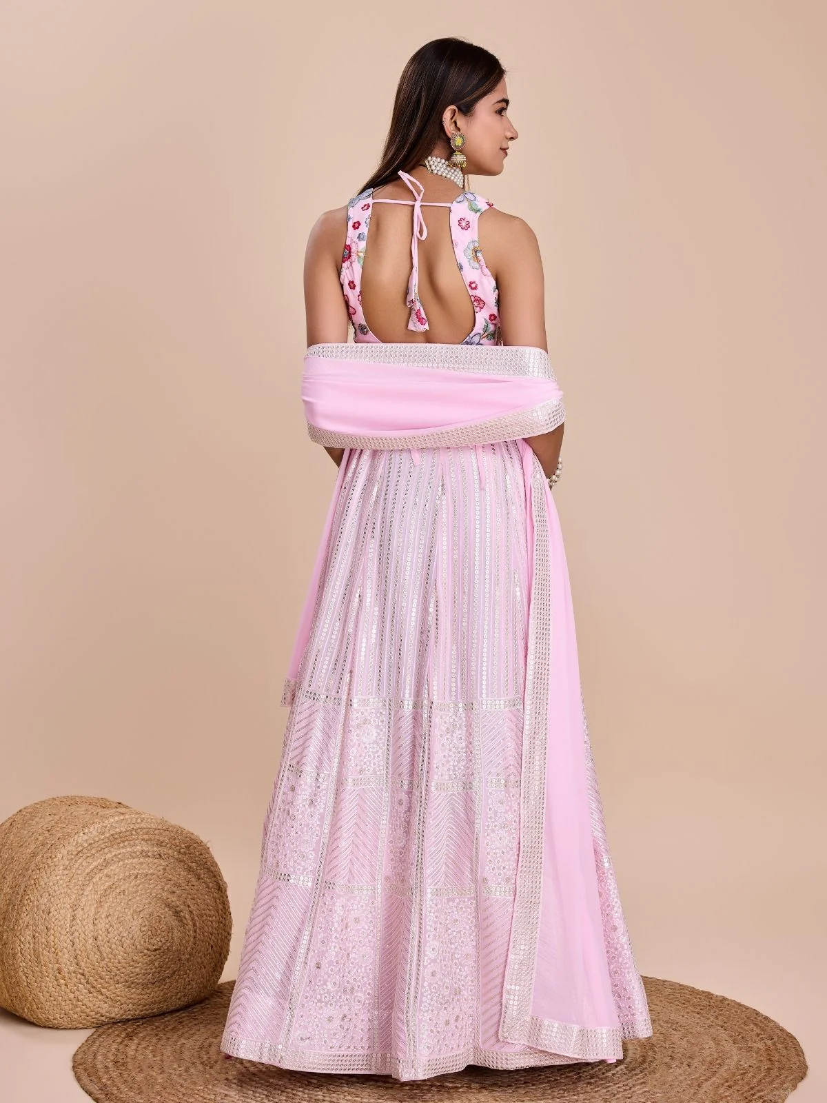 Odette Light Pink Georgette Embroidered Semi-Stitched Lehenga For Women - Image 2