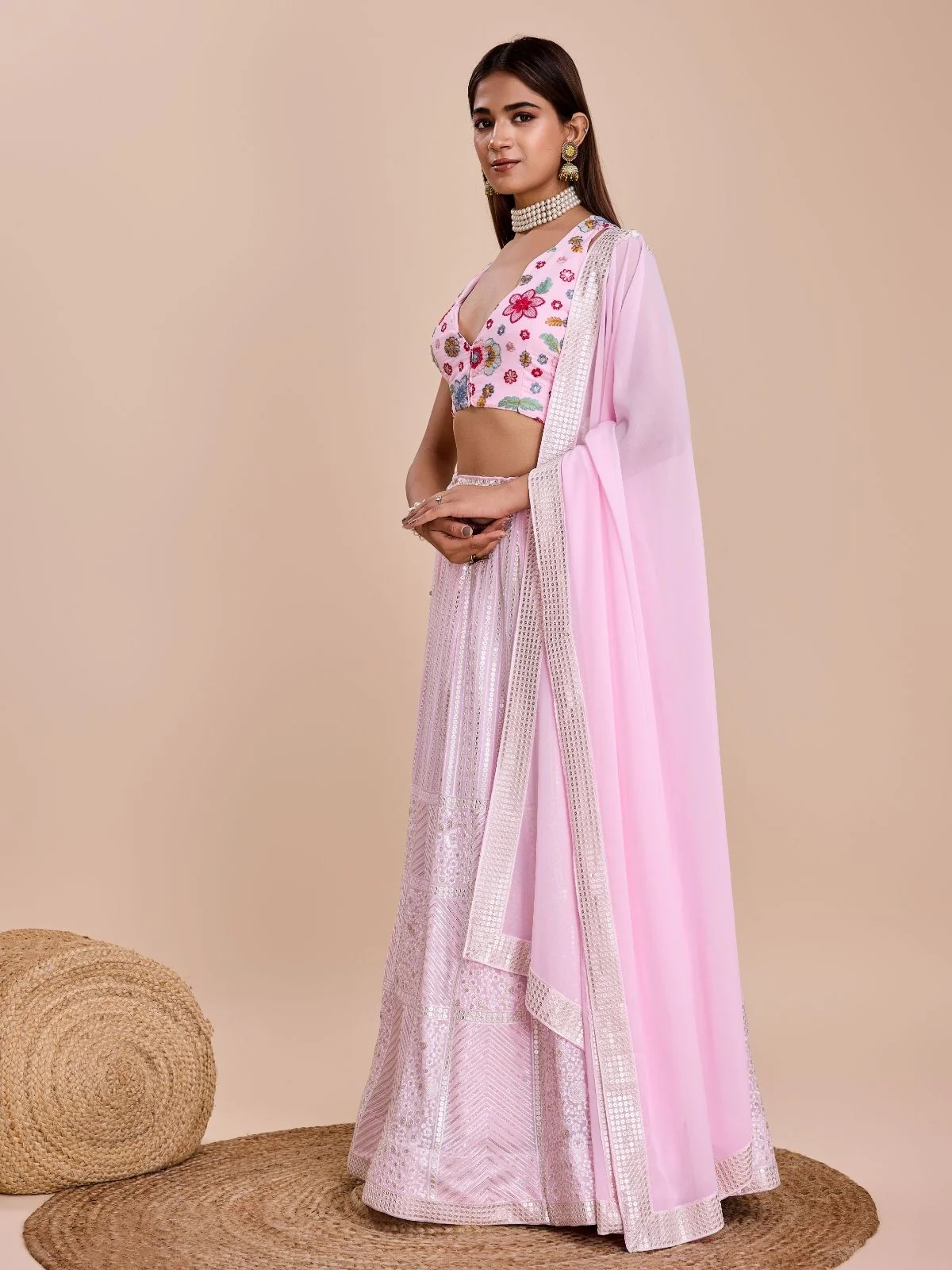 Odette Light Pink Georgette Embroidered Semi-Stitched Lehenga For Women - Image 3