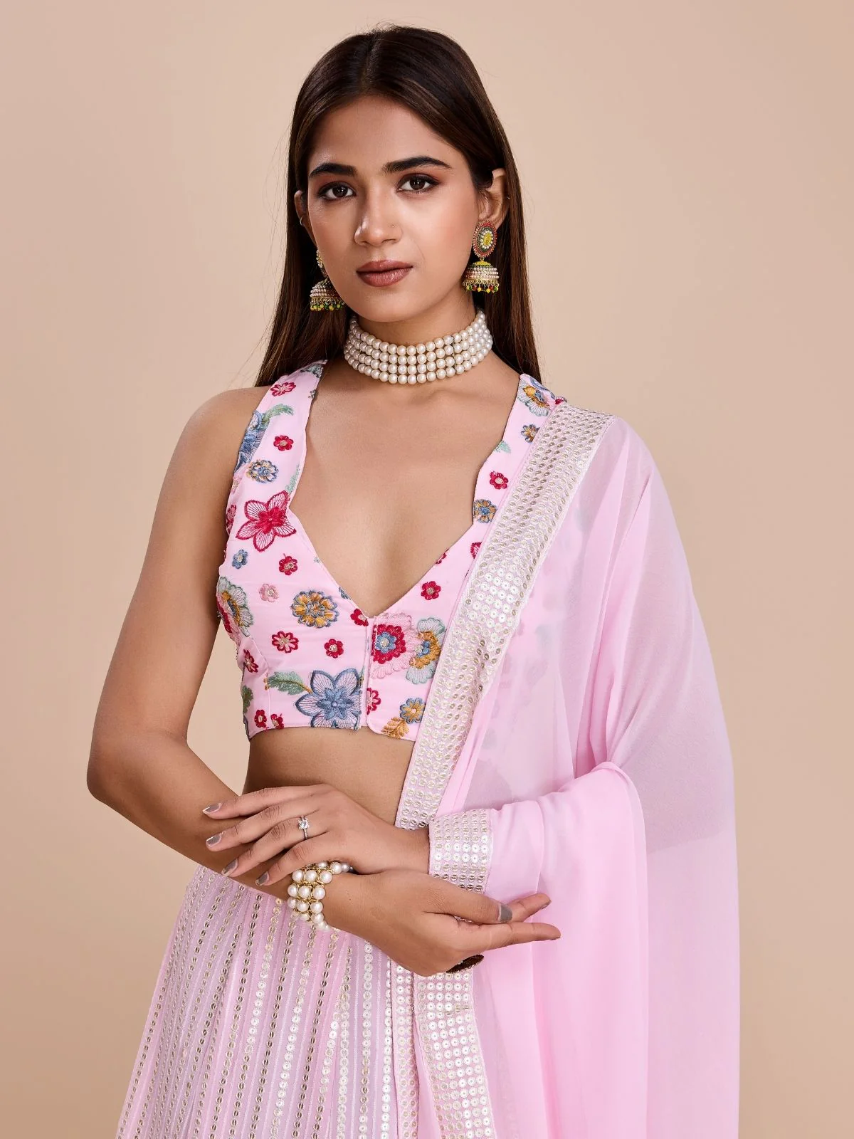 Odette Light Pink Georgette Embroidered Semi-Stitched Lehenga For Women - Image 4