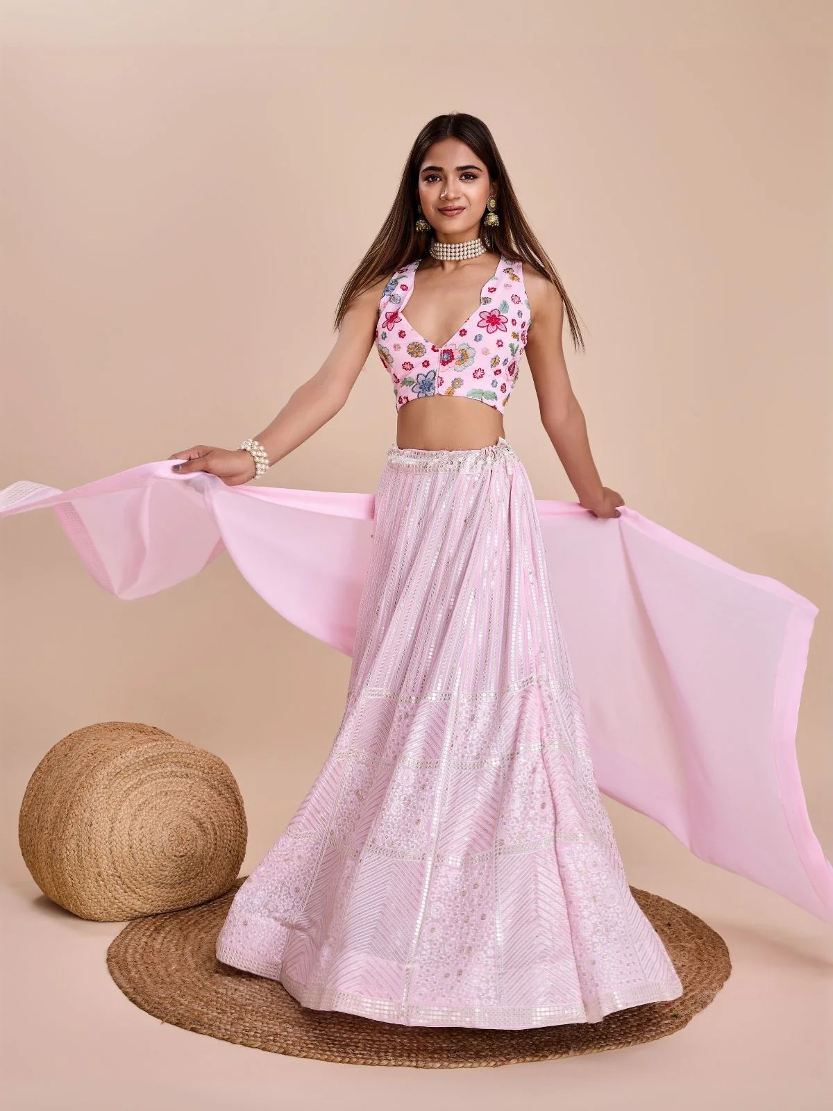 Odette Light Pink Georgette Embroidered Semi-Stitched Lehenga For Women - Image 6
