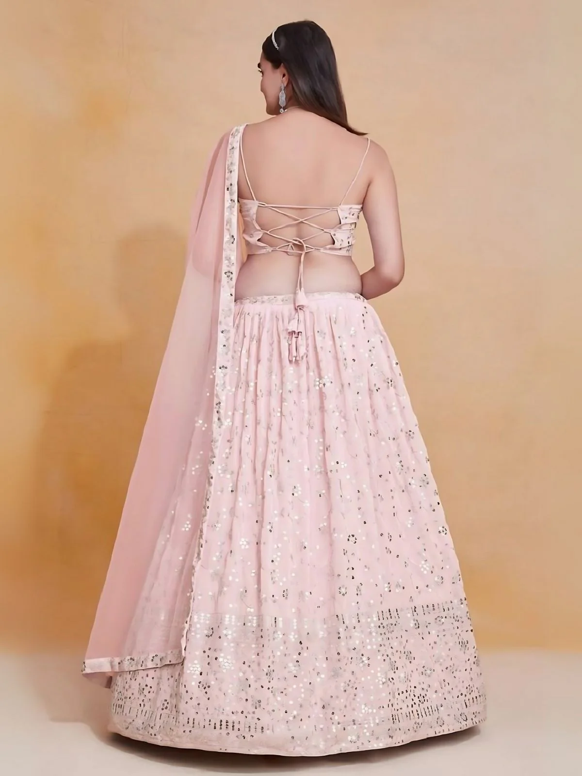 Odette Light Pink Georgette Embroidered Semi-Stitched Lehenga For Women - Image 3