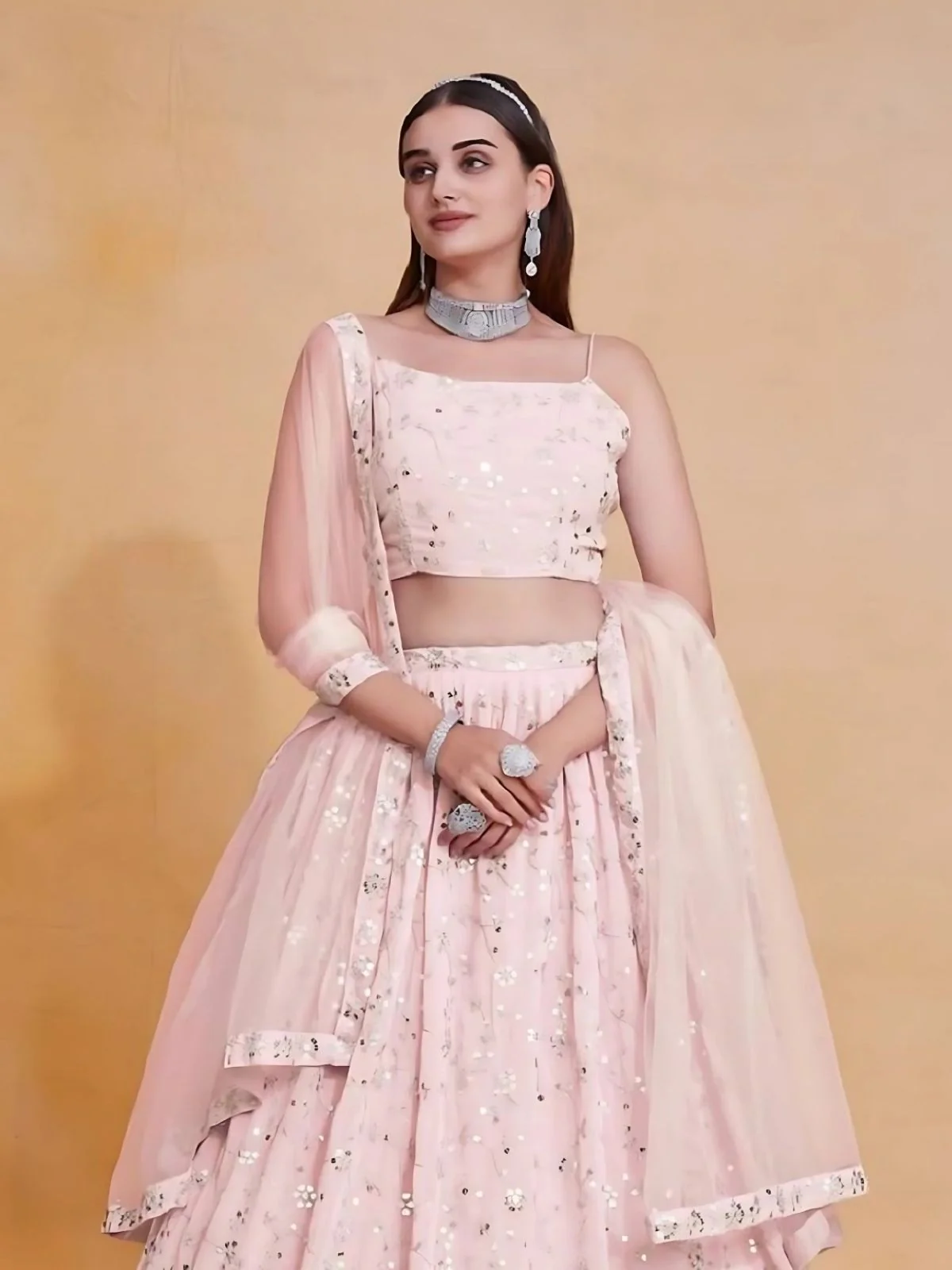 Odette Light Pink Georgette Embroidered Semi-Stitched Lehenga For Women - Image 4