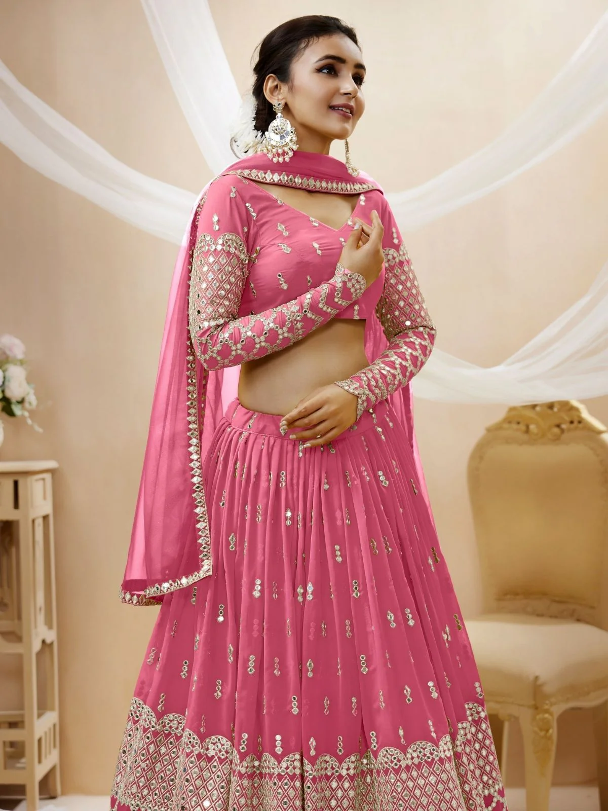 Odette Pink Georgette Embroidered Semi Stitched Lehenga With Unstitched Blouse For Women - Image 5