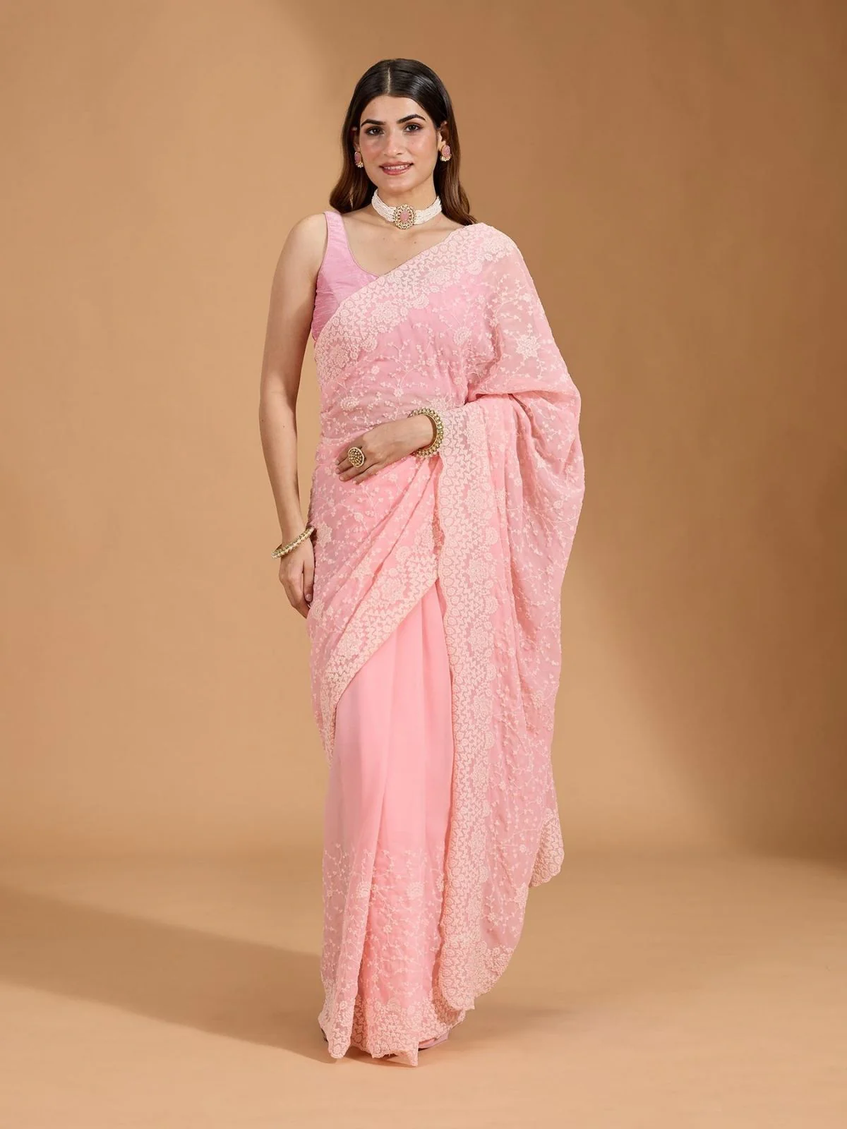 Odette Light Pink Georgette Embroidered Solid Saree For Women
