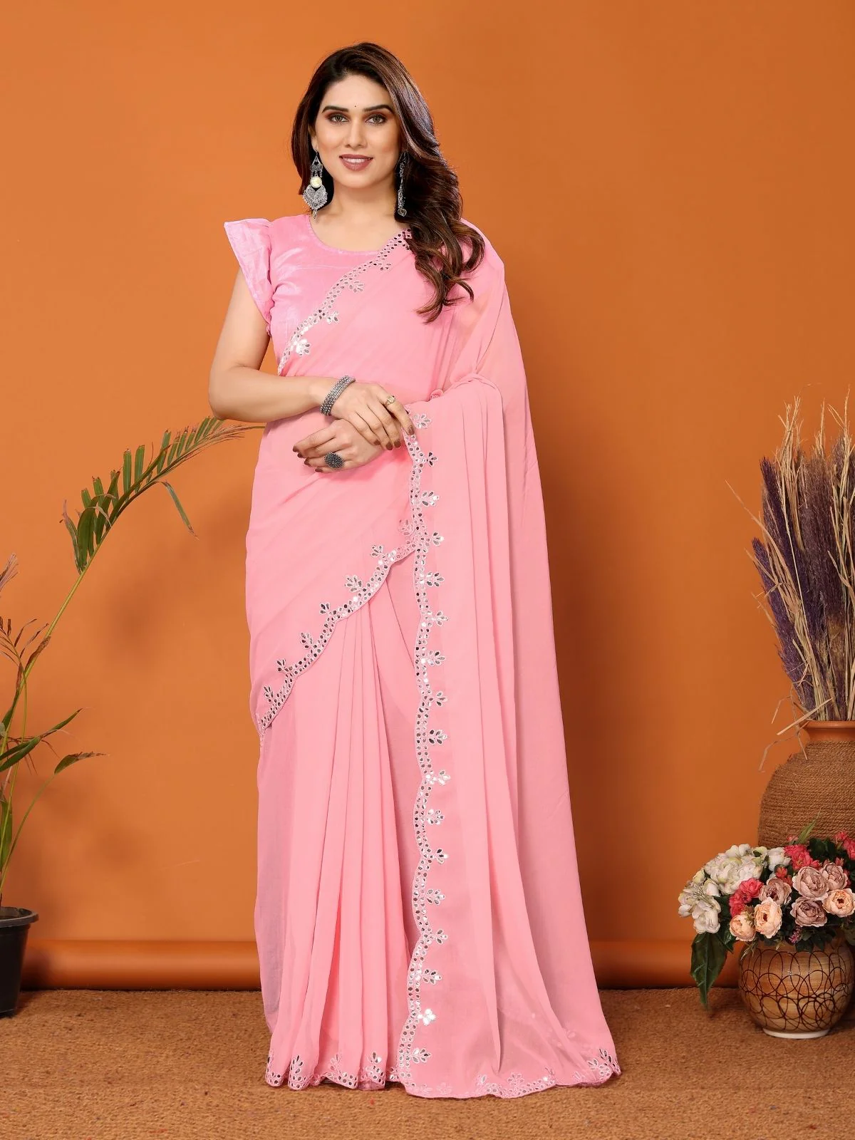 Odette Light Pink Georgette Printed Saree For Women