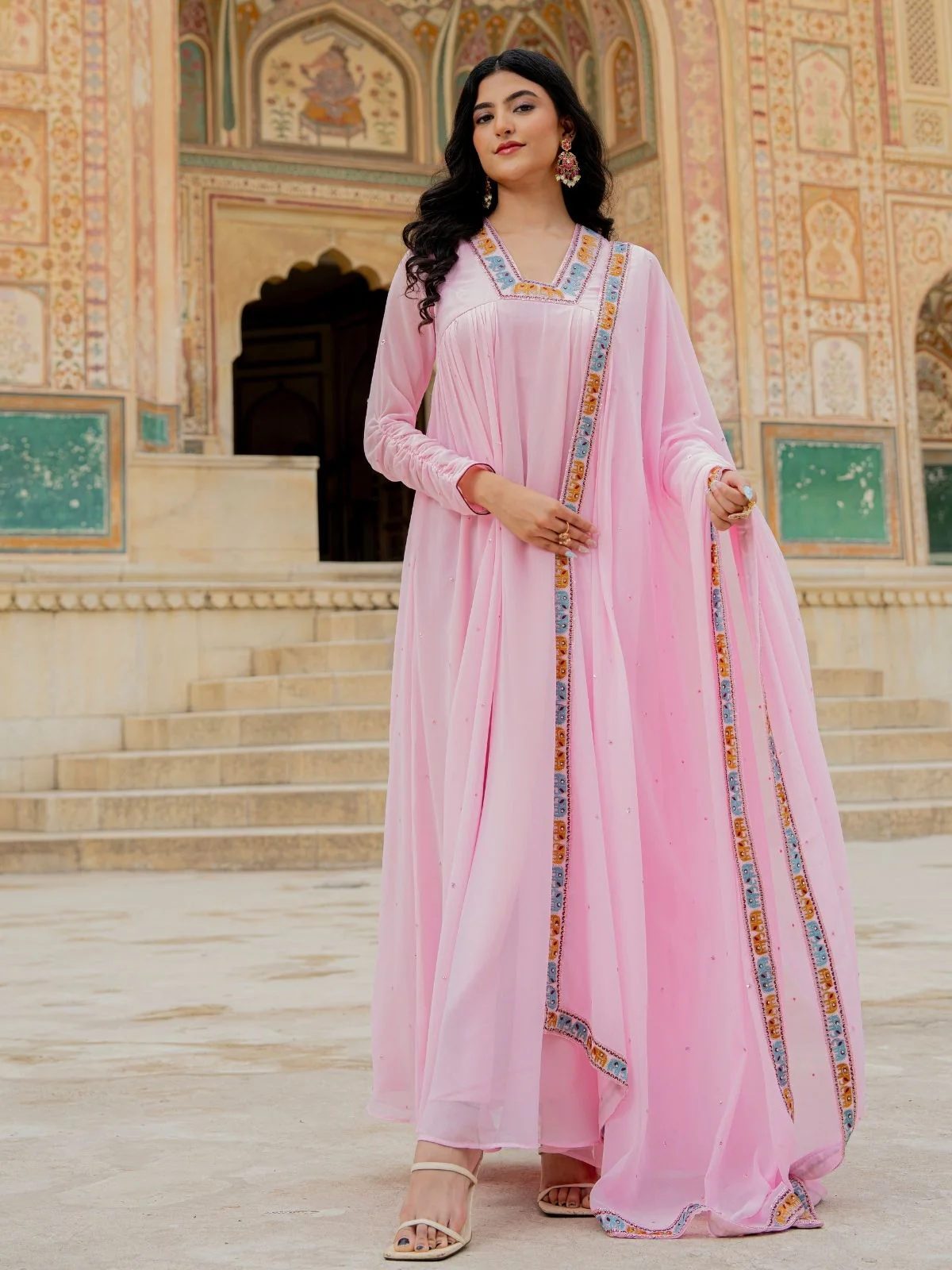 Odette Light Pink Georgette Thread Embroidered Stitched Gown For Women - Image 3