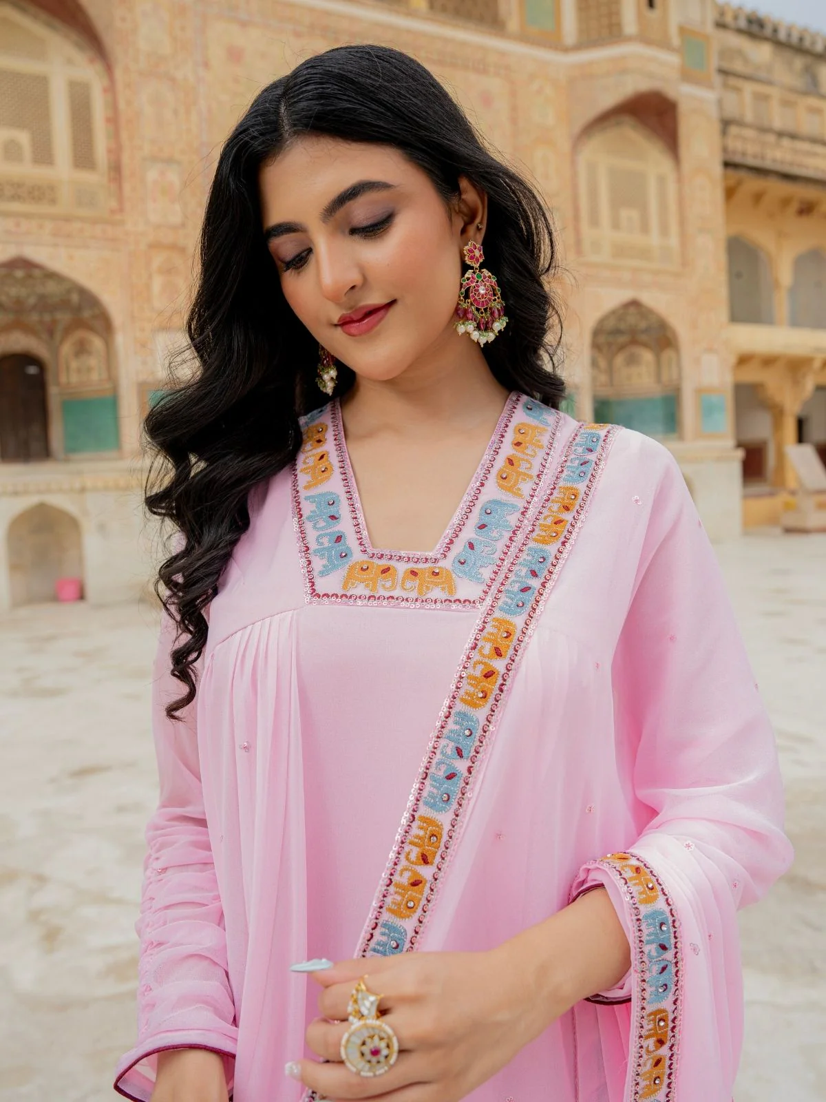 Odette Light Pink Georgette Thread Embroidered Stitched Gown For Women - Image 5