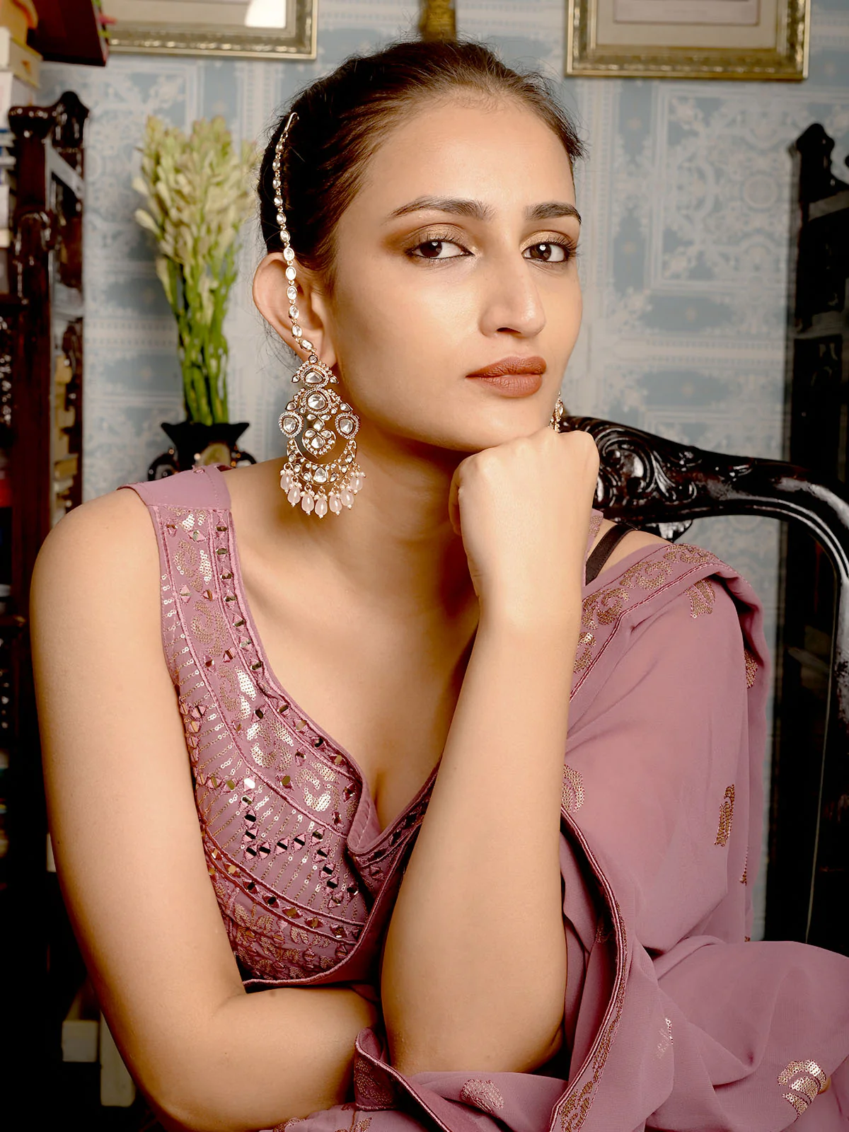 Odette Light Pink Kundan Gold Plated Dangler Earrings For Women - Image 2