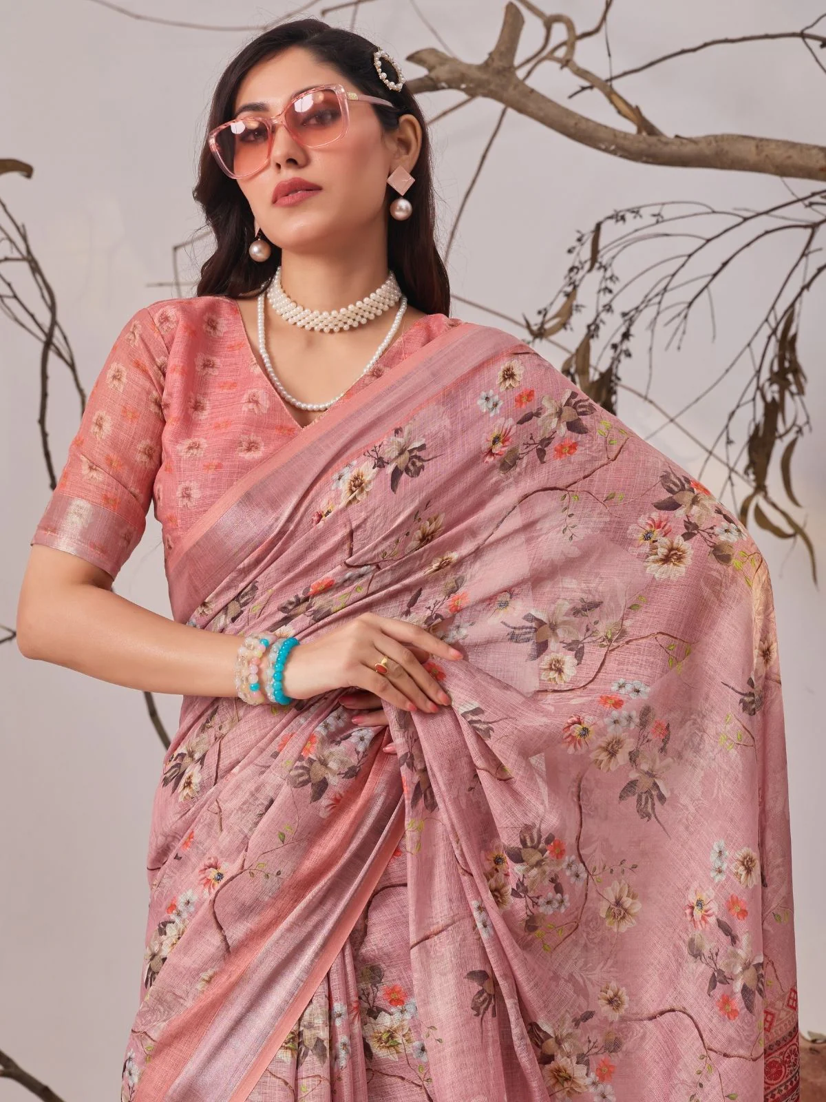 Odette Light Pink Linen Cotton Printed Saree For Women - Image 4