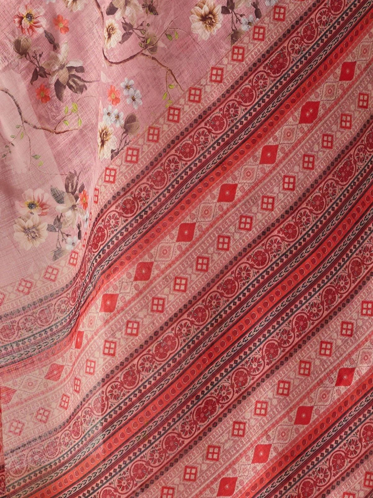 Odette Light Pink Linen Cotton Printed Saree For Women - Image 5