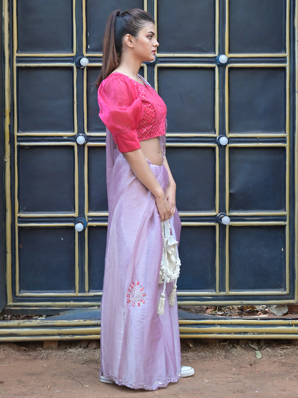 Odette Light Pink Mirror Work Embroidered Saree with Unstitched Blouse for Women - Image 2