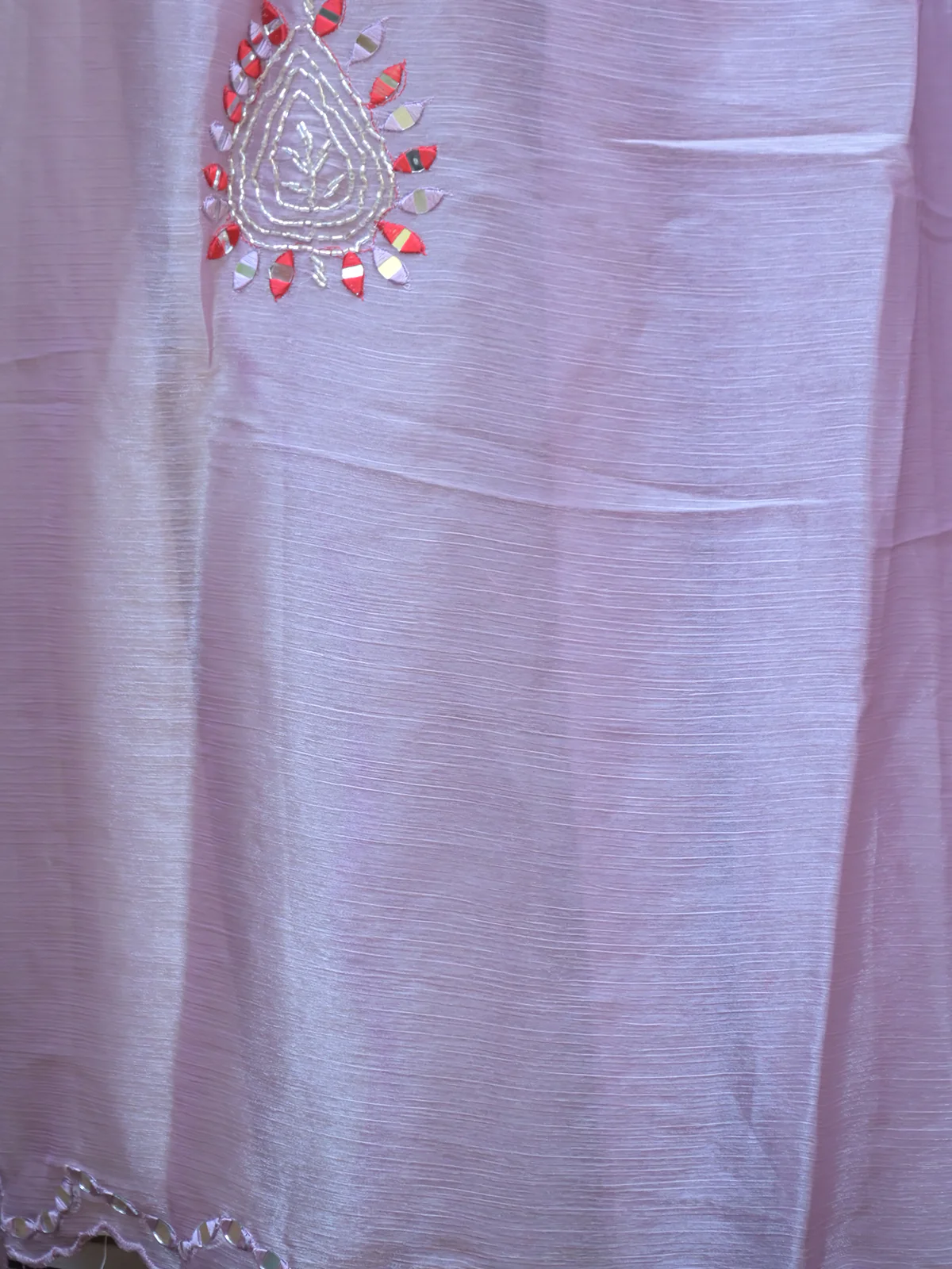 Odette Light Pink Mirror Work Embroidered Saree with Unstitched Blouse for Women - Image 5