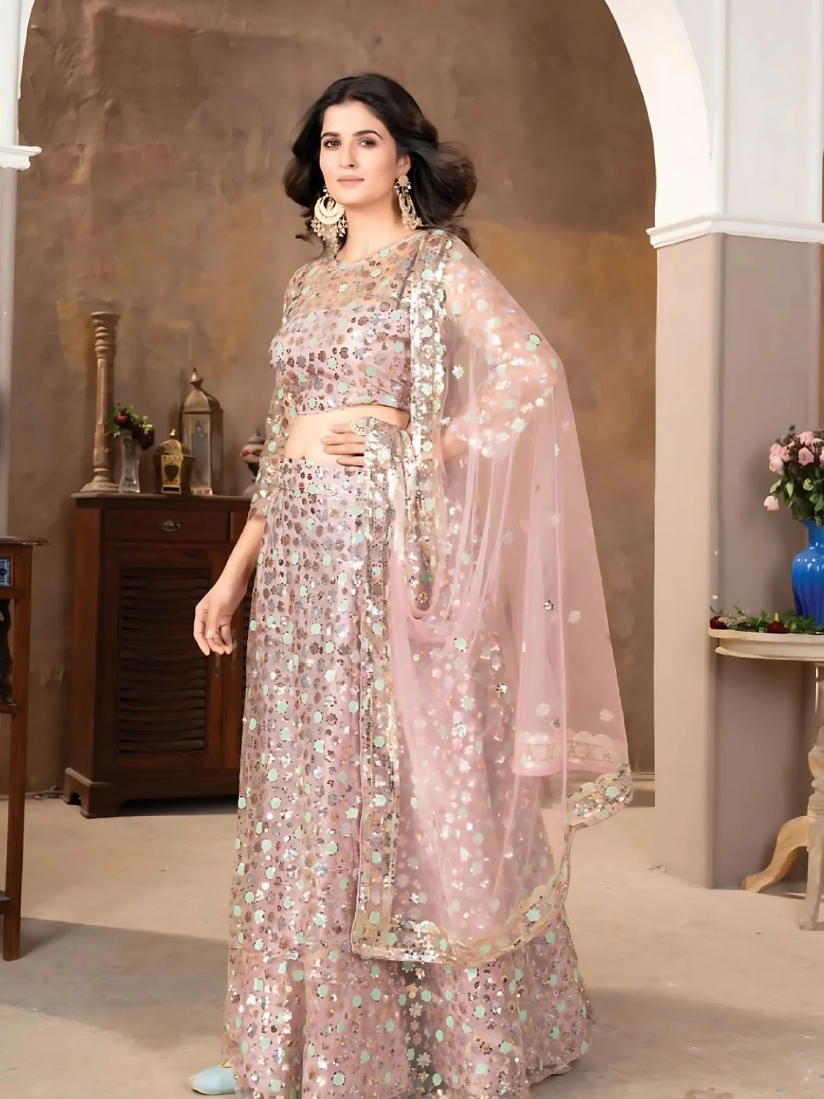 Odette Light Pink Net Embellished Semi-Stitched Lehenga For Women - Image 3