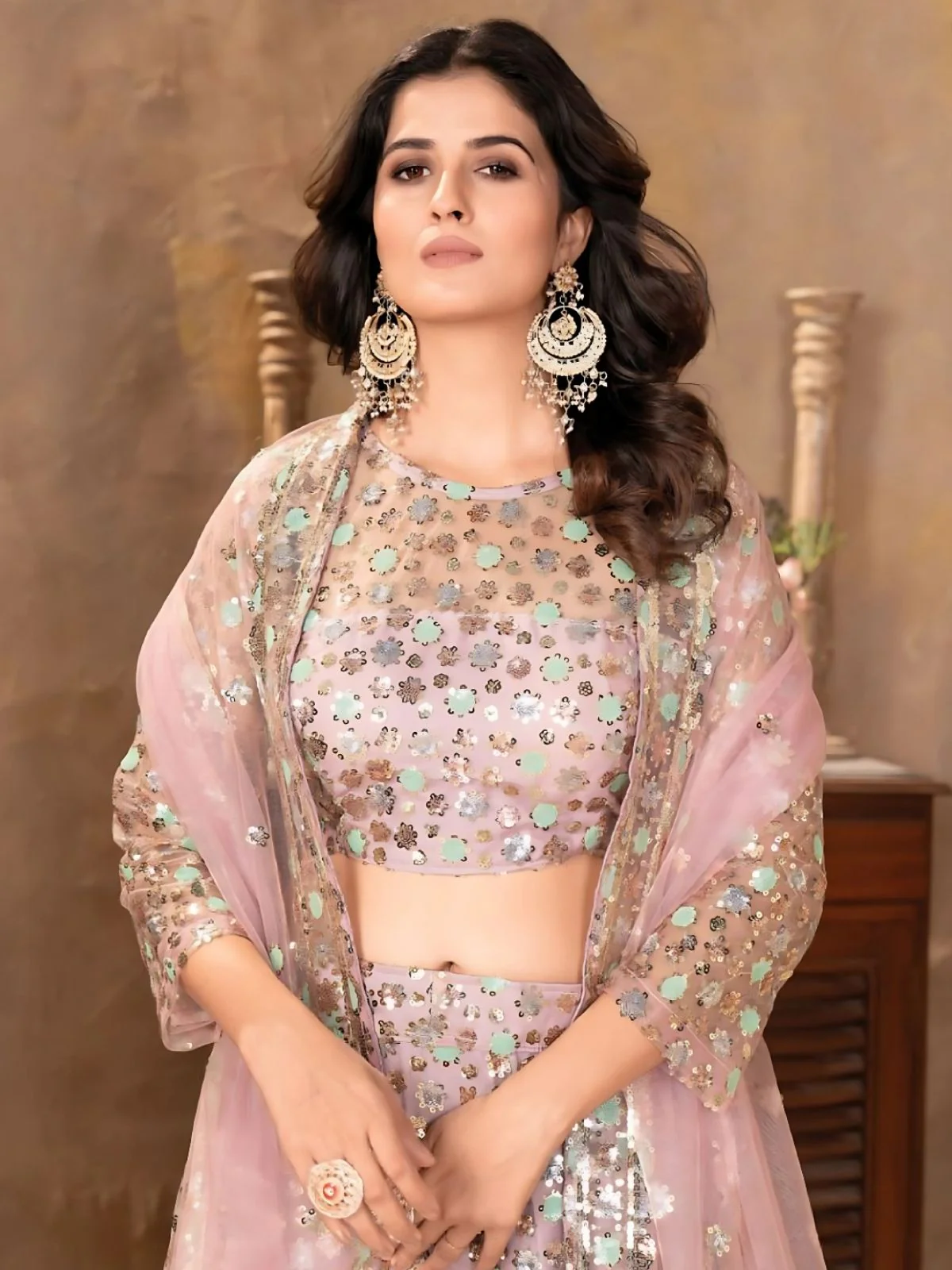 Odette Light Pink Net Embellished Semi-Stitched Lehenga For Women - Image 4