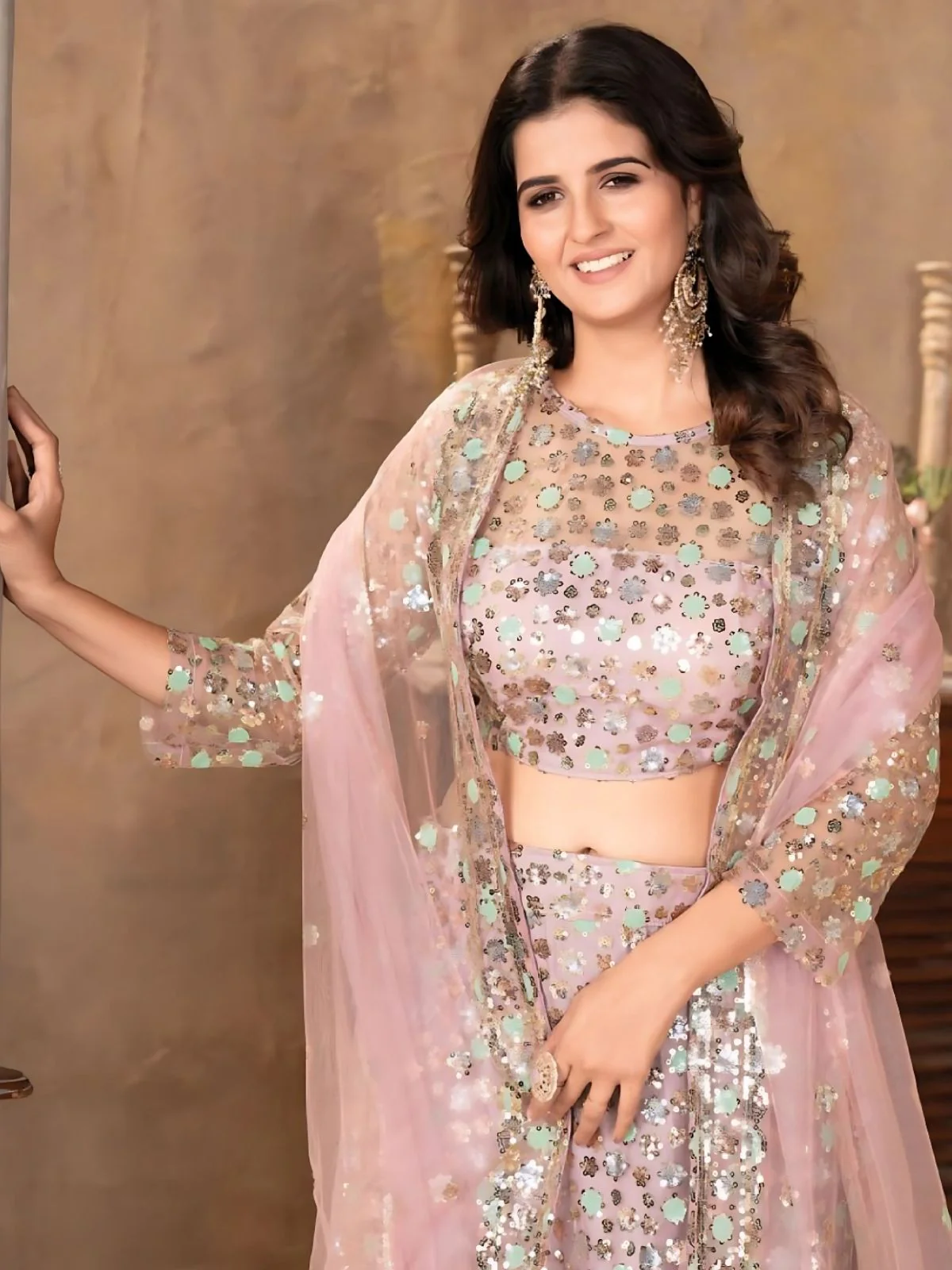 Odette Light Pink Net Embellished Semi-Stitched Lehenga For Women - Image 5