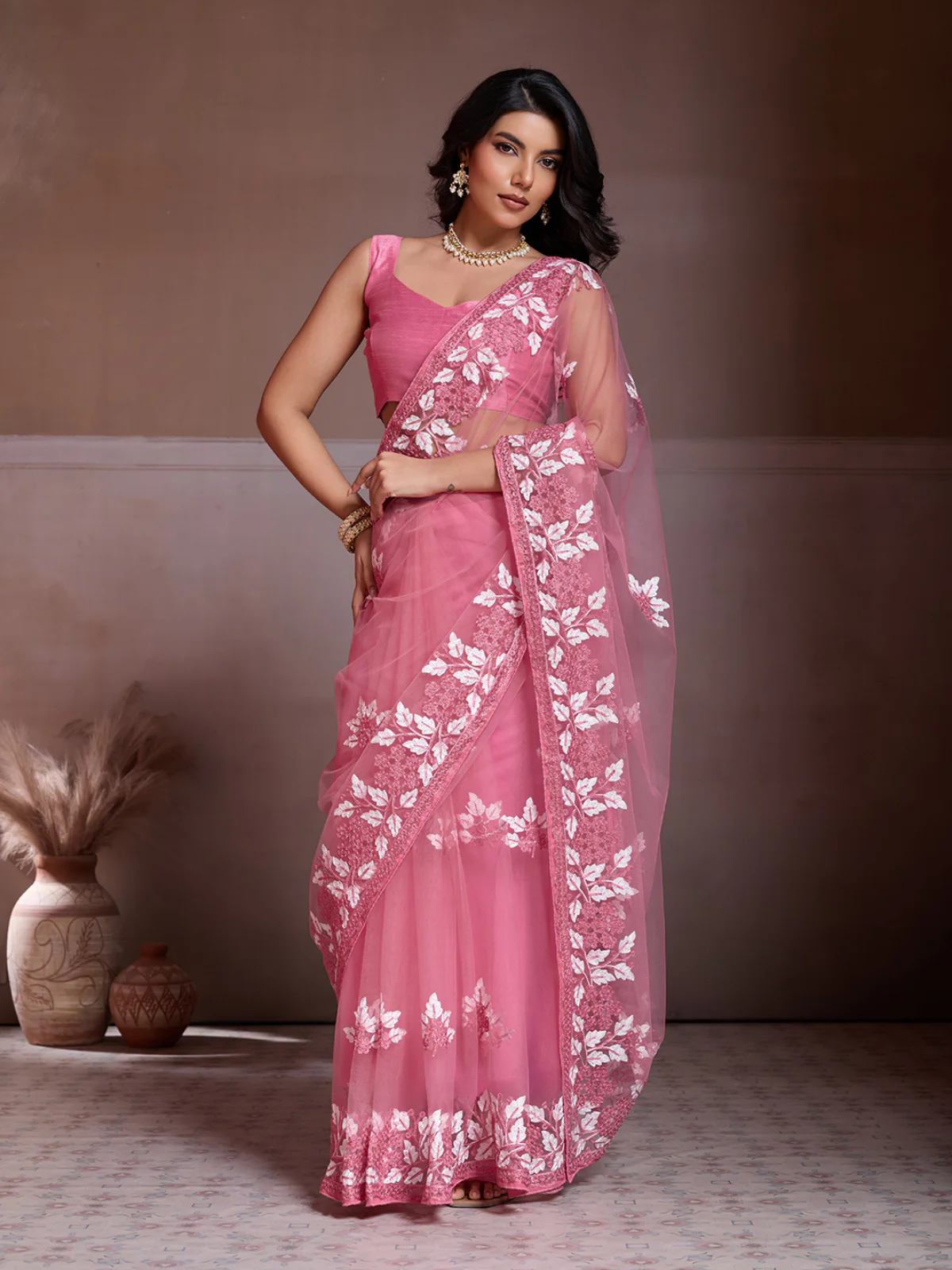 Odette Light Pink Net Embroidered Saree For Women