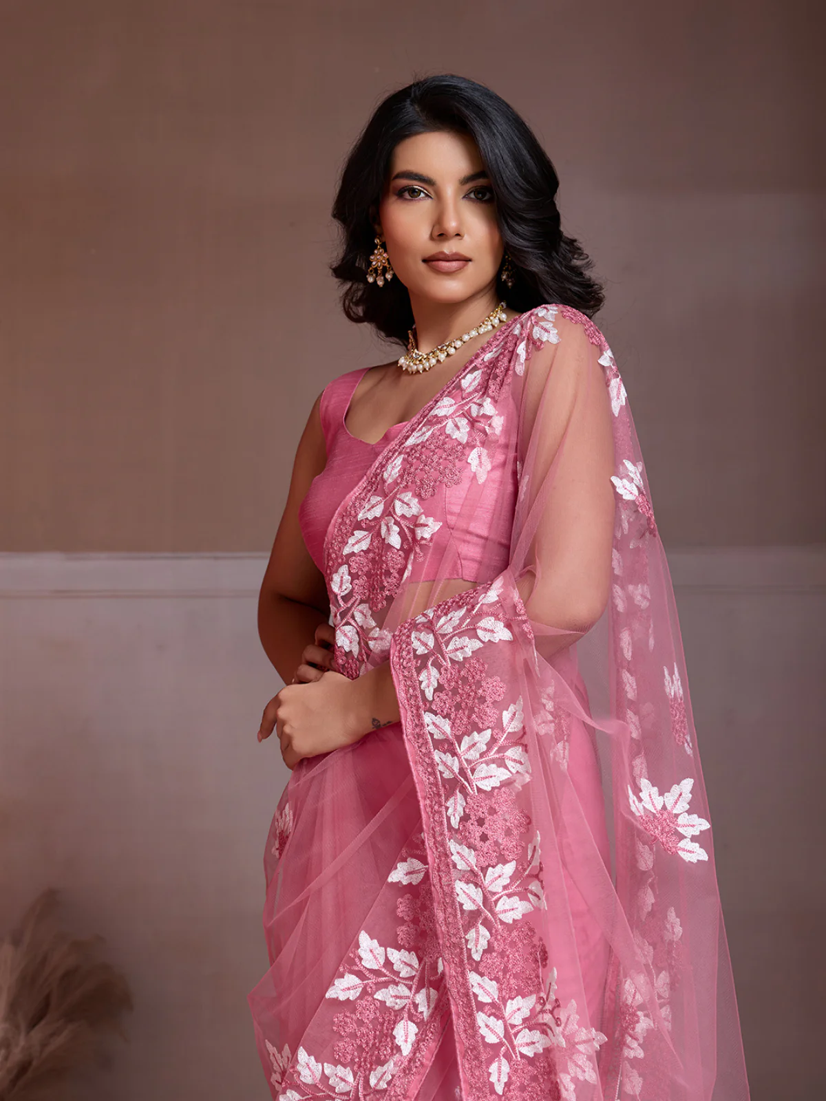 Odette Light Pink Net Embroidered Saree For Women - Image 3
