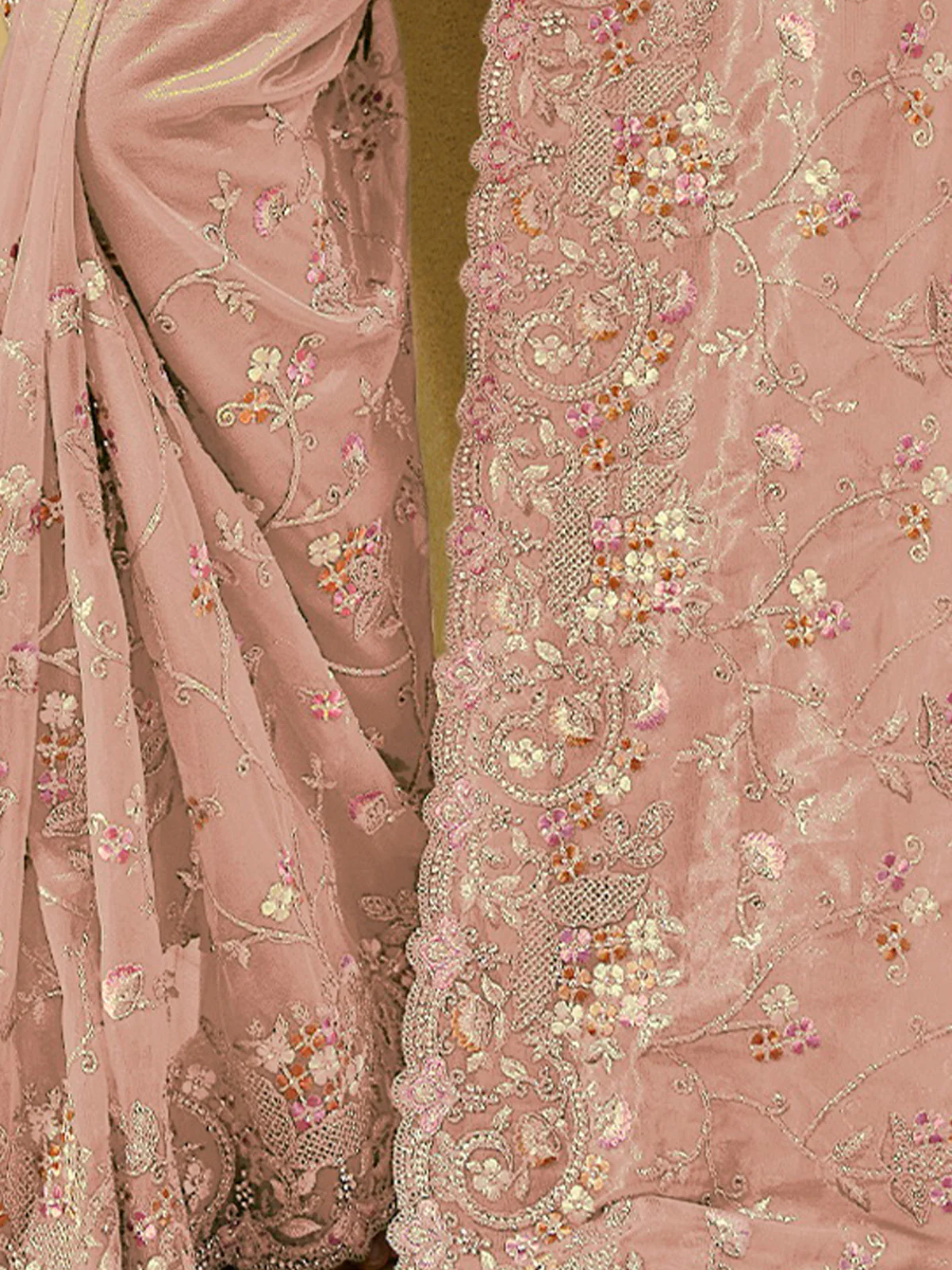 Odette Light Pink Net Embroidered Saree With Unstitched Blouse For Women - Image 4