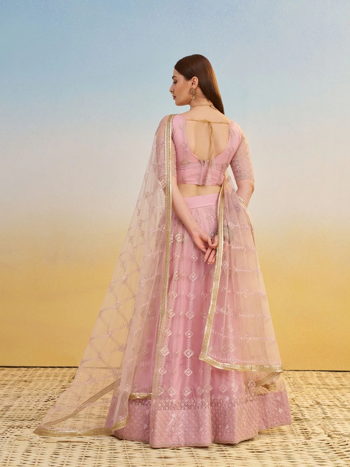 Odette Light Pink Net Embroidered Semi Stitched Lehenga For Women - Image 3