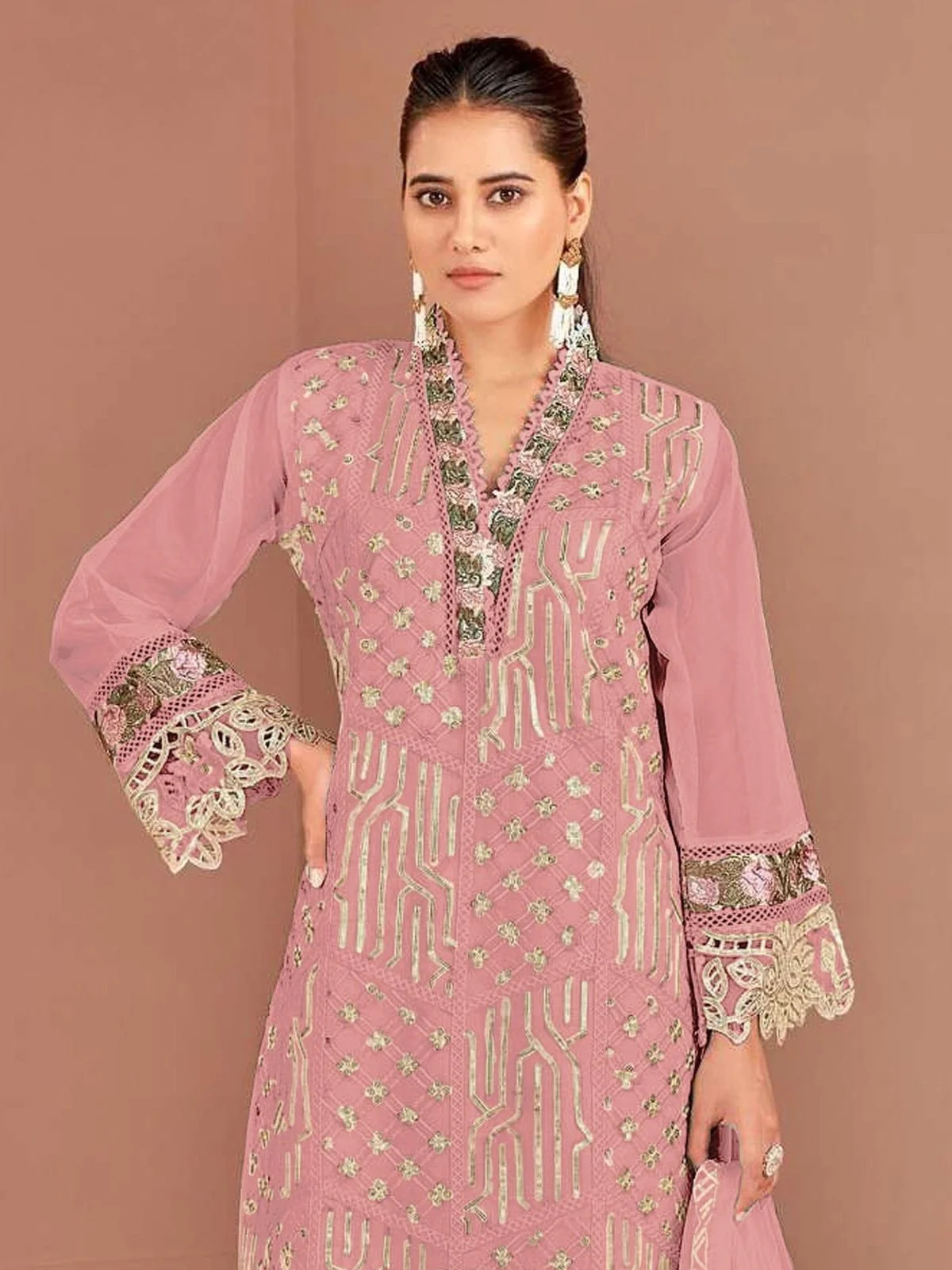 Odette Light Pink Organza Embellished Semi-Stitched Kurta Set For Women - Image 2