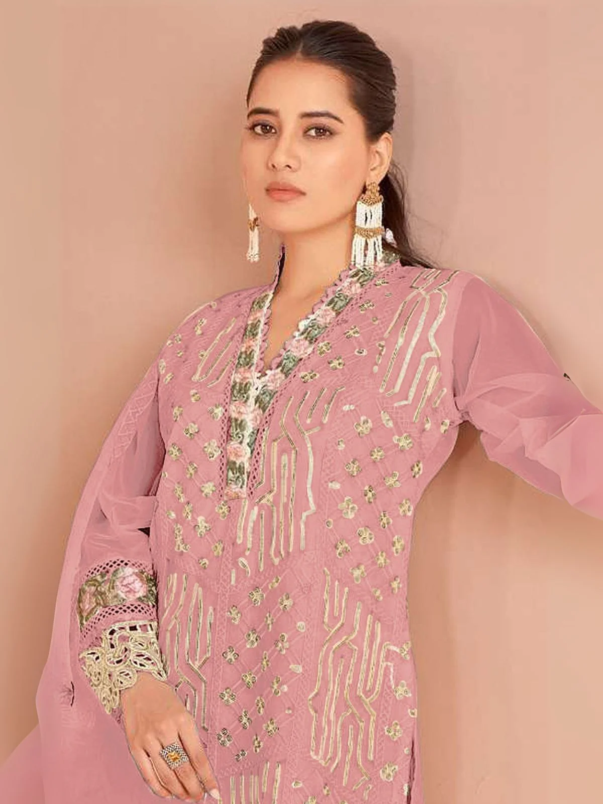 Odette Light Pink Organza Embellished Semi-Stitched Kurta Set For Women - Image 3