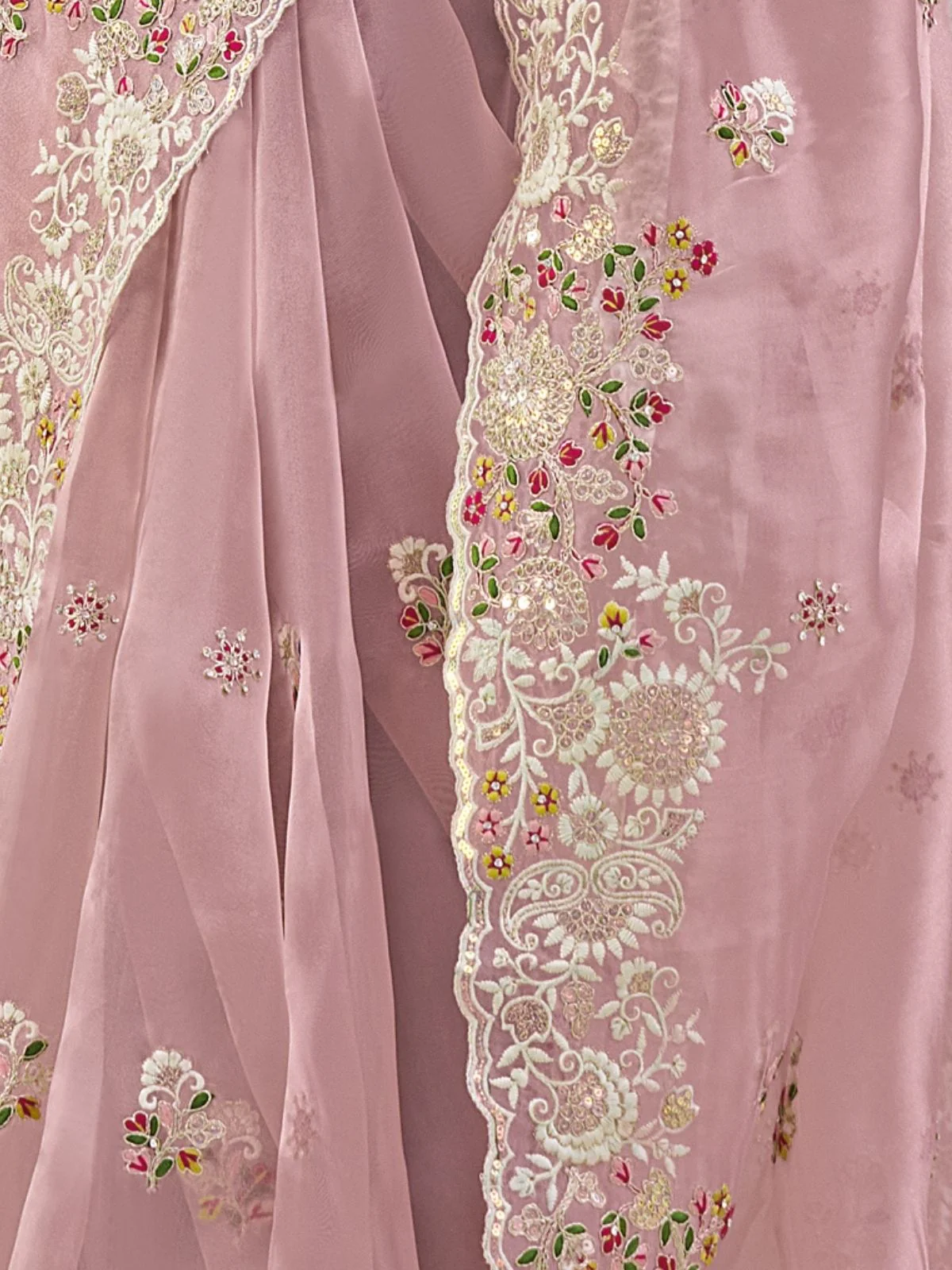 Odette Light Pink Organza Embroidered Saree With Unstitched Blouse For Women - Image 4