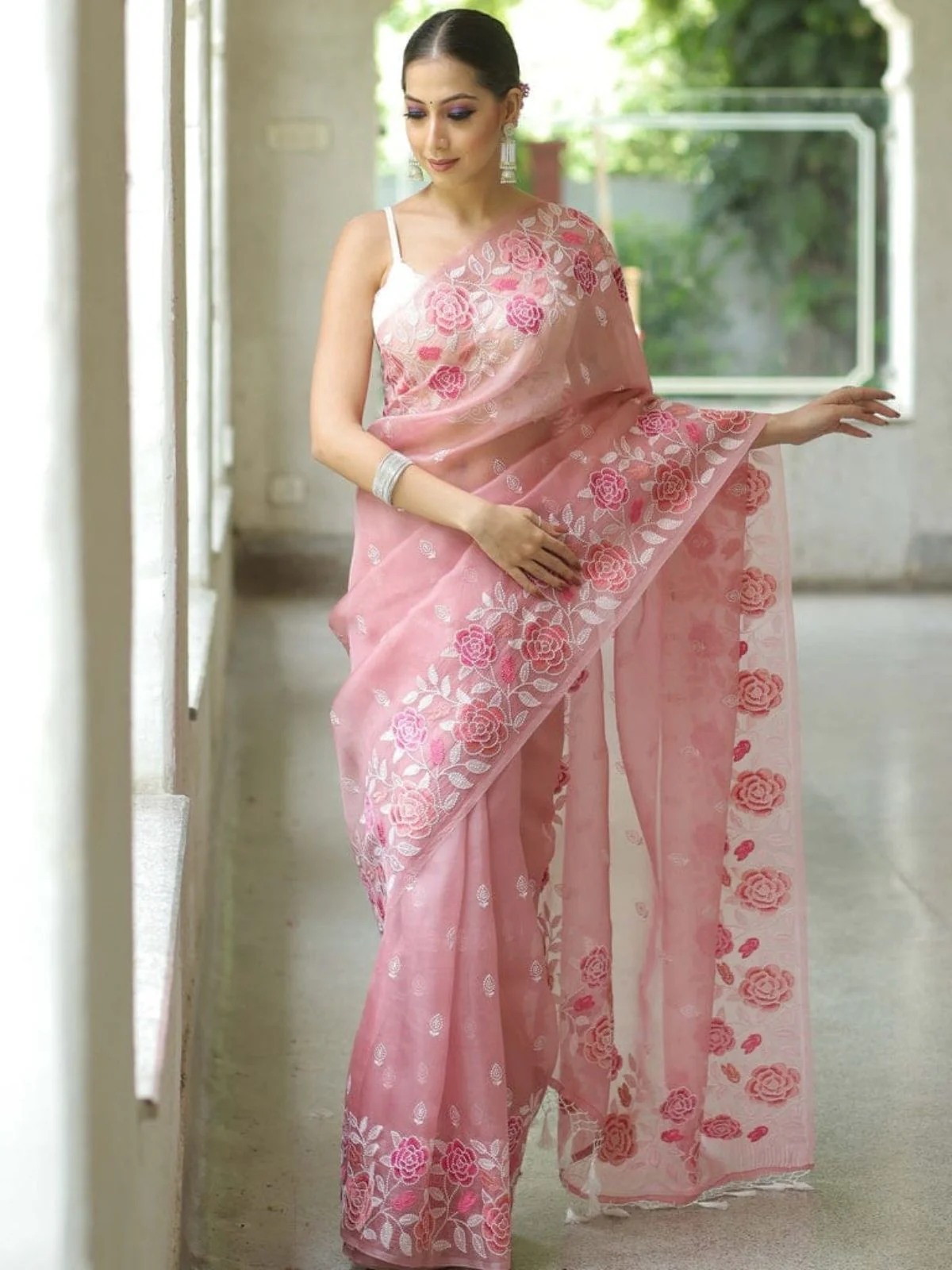 Odette Light Pink Organza Embroidered Solid Saree For Women