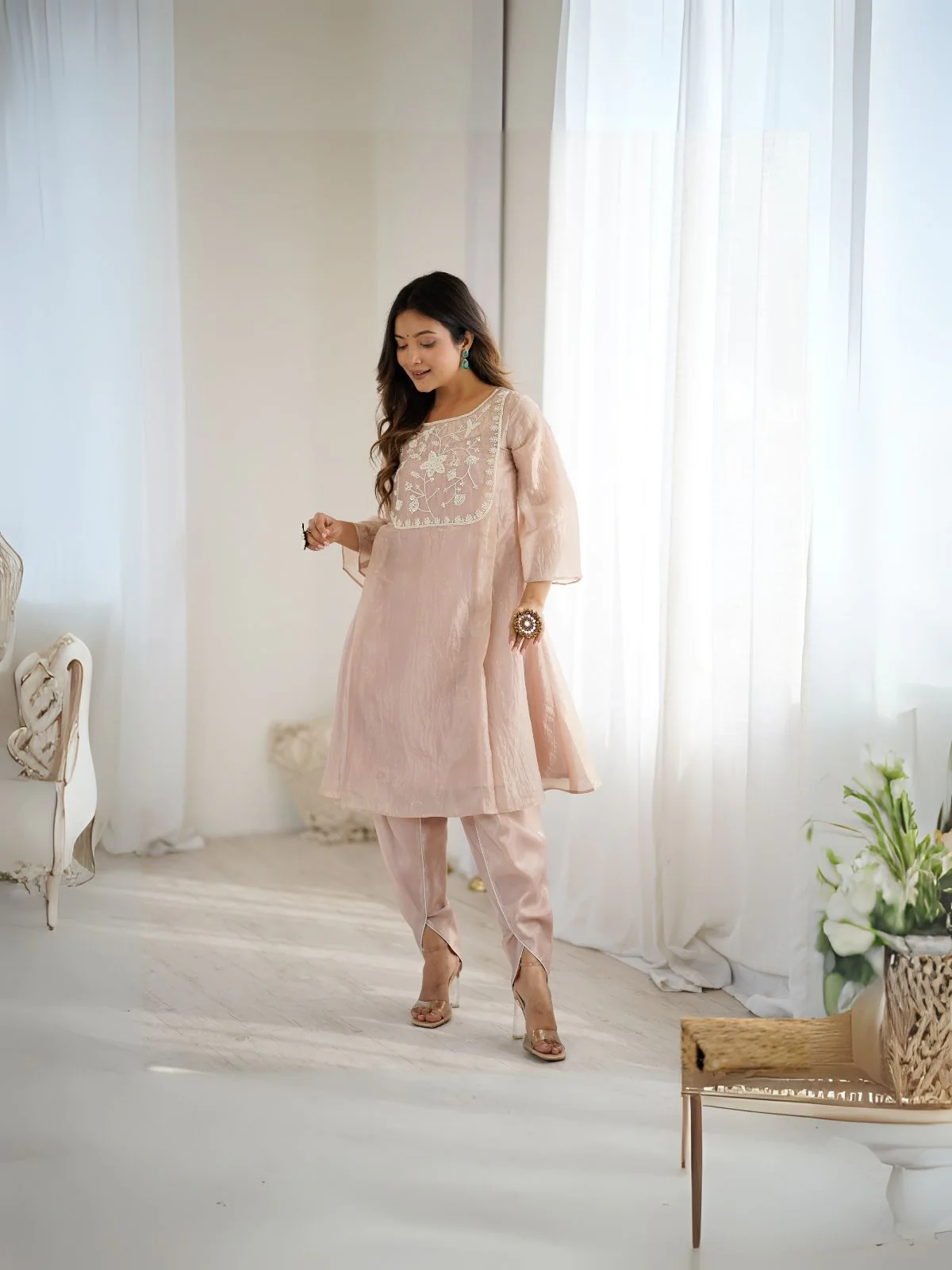 Odette Light Pink Organza Embroidered Stitched Kurta Set For Women - Image 3