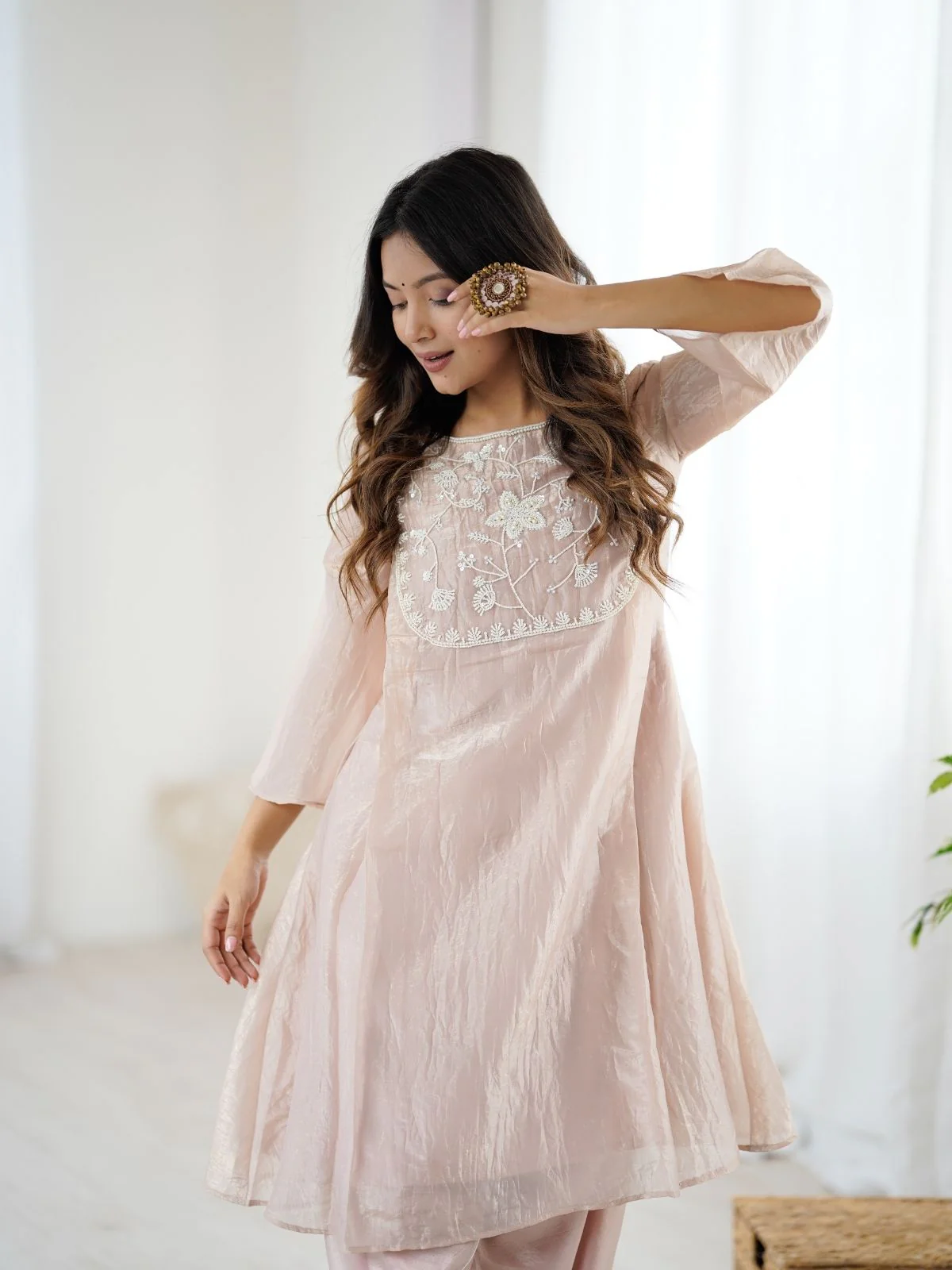 Odette Light Pink Organza Embroidered Stitched Kurta Set For Women - Image 6