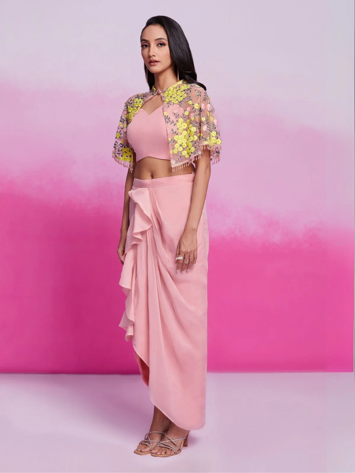 Odette Light Pink Organza Solid Co-Ord Set For Women - Image 3