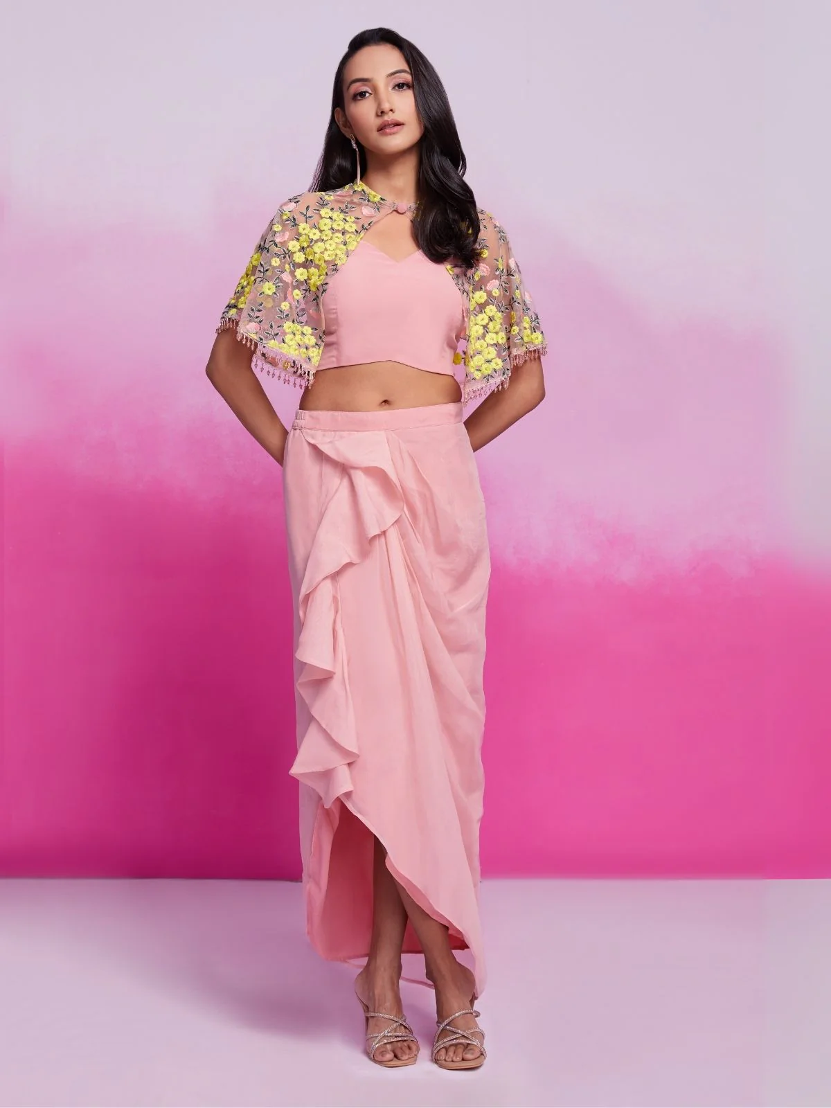 Odette Light Pink Organza Solid Co-Ord Set For Women - Image 4