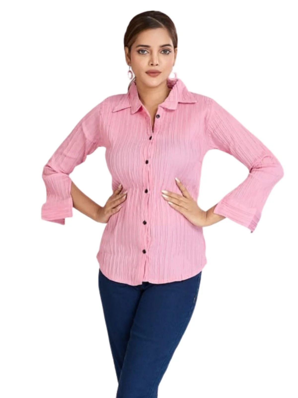 Odette Light Pink Poly Cotton Solid Shirt For Women - Image 2