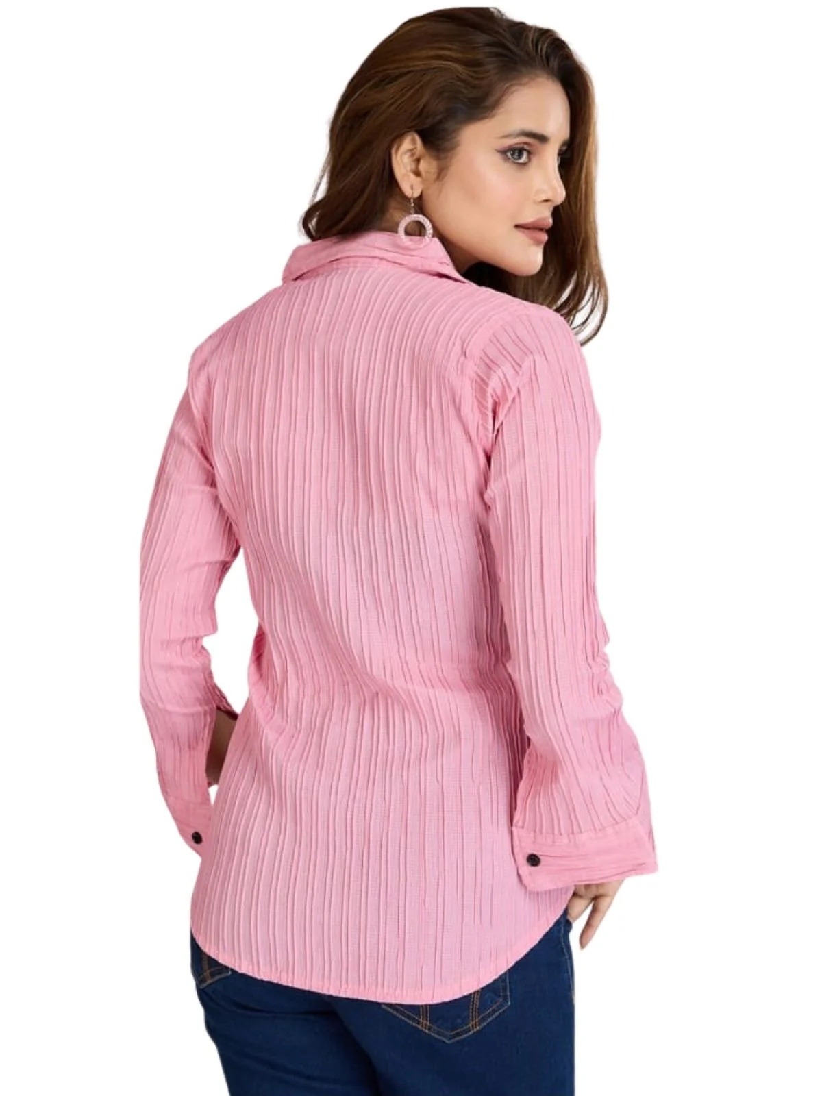 Odette Light Pink Poly Cotton Solid Shirt For Women - Image 3