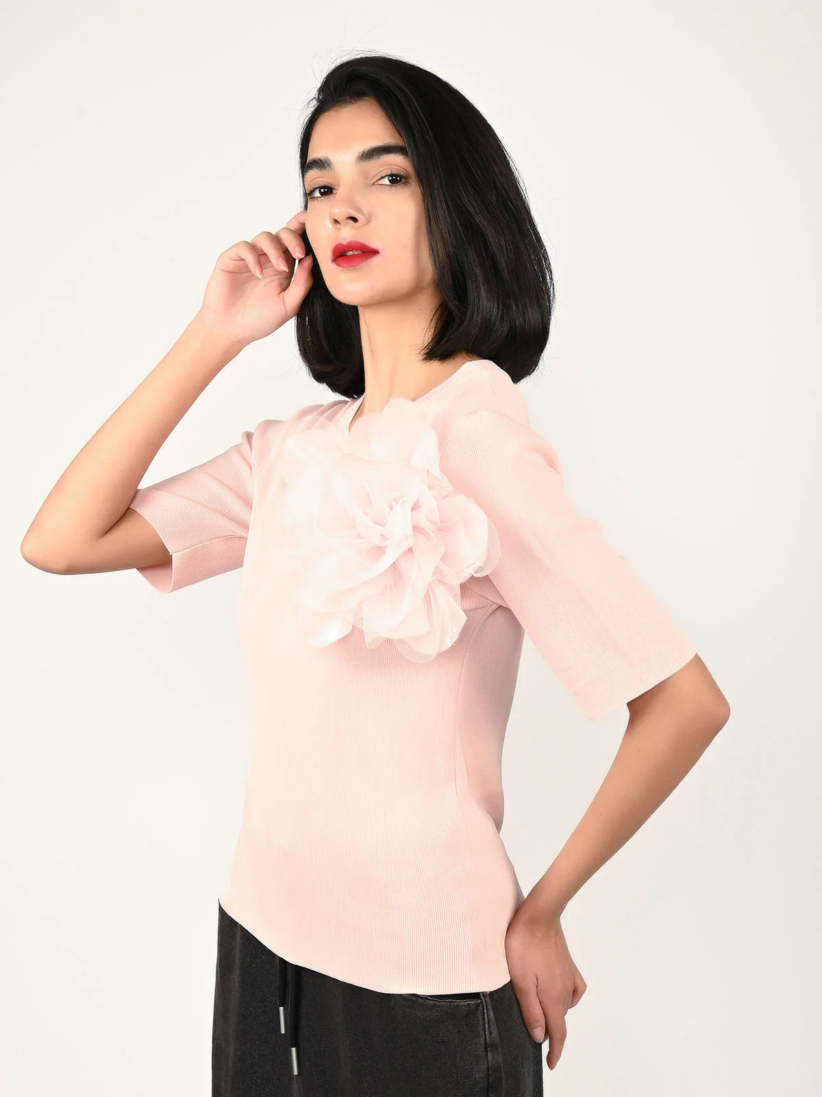 Odette Light Pink Polyester Lycra Solid Top For Women - Image 3