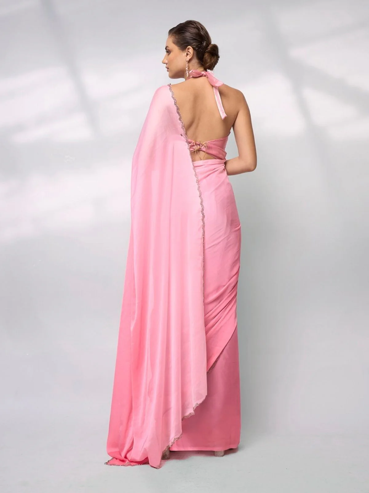 Odette Light Pink Satin Lace Work Saree With Unstitched Blouse For Women - Image 5