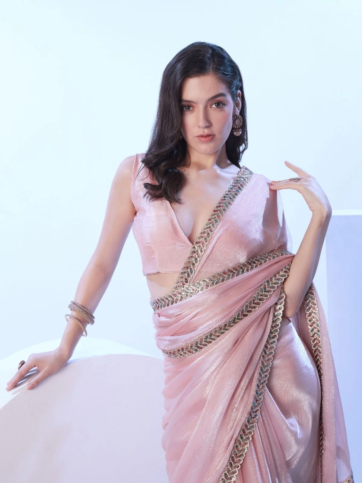 Odette Light Pink Satin Lace Work Saree With Unstitched Blouse For Women - Image 3