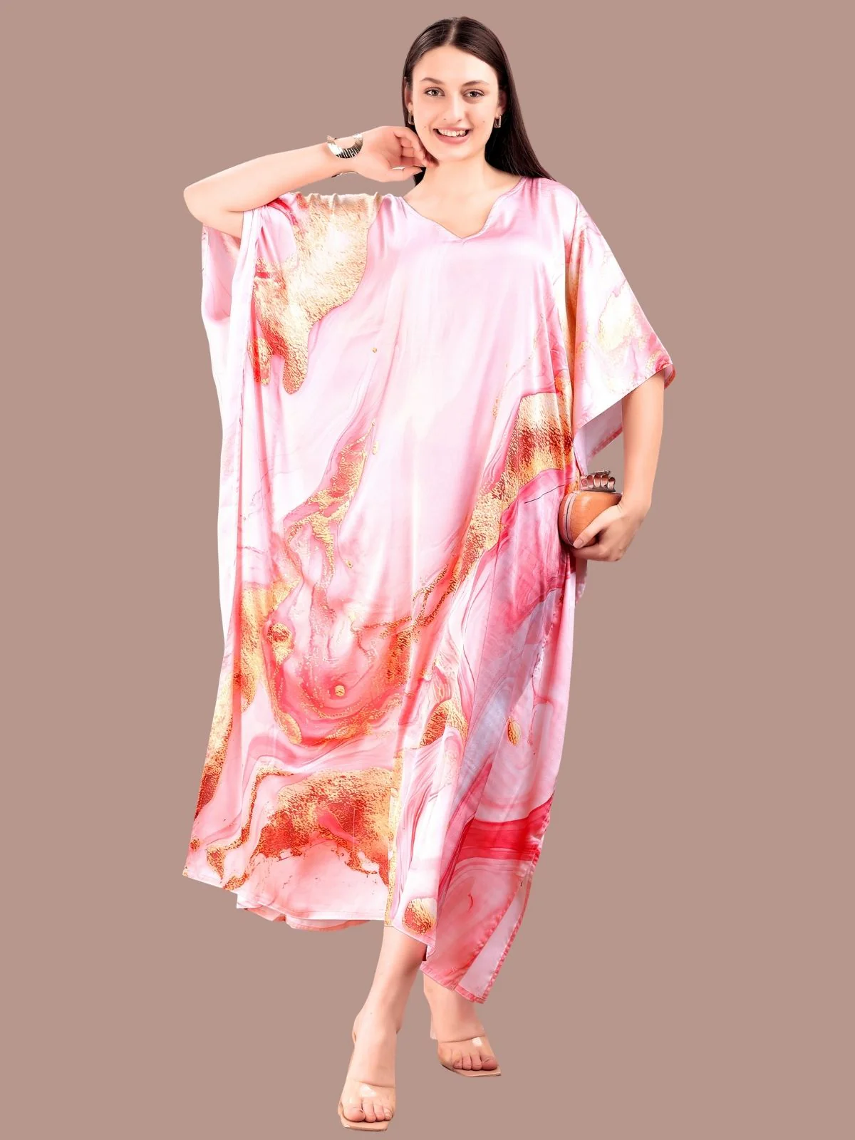 Odette Light Pink Satin Printed Kaftan For Women