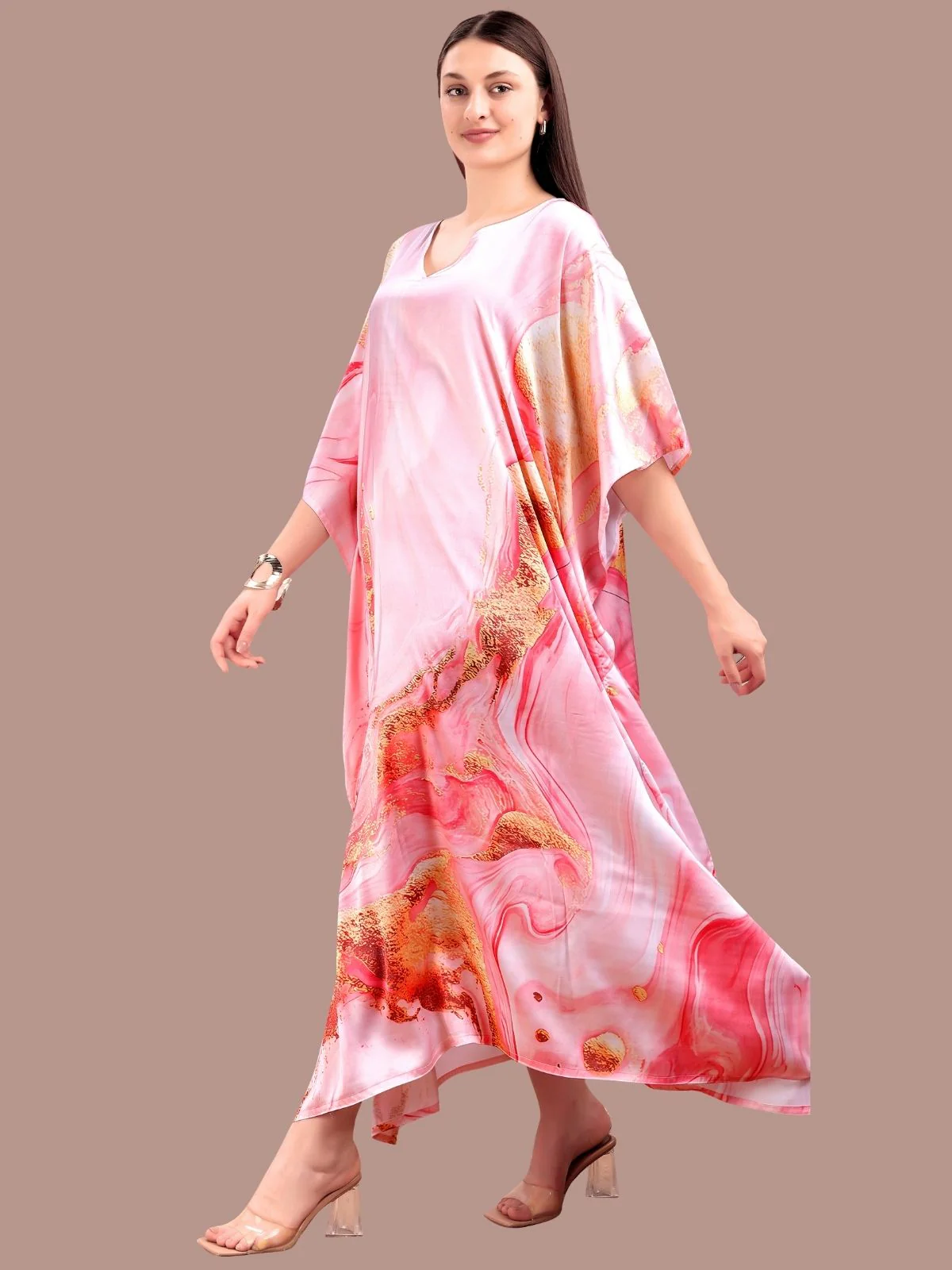 Odette Light Pink Satin Printed Kaftan For Women - Image 2
