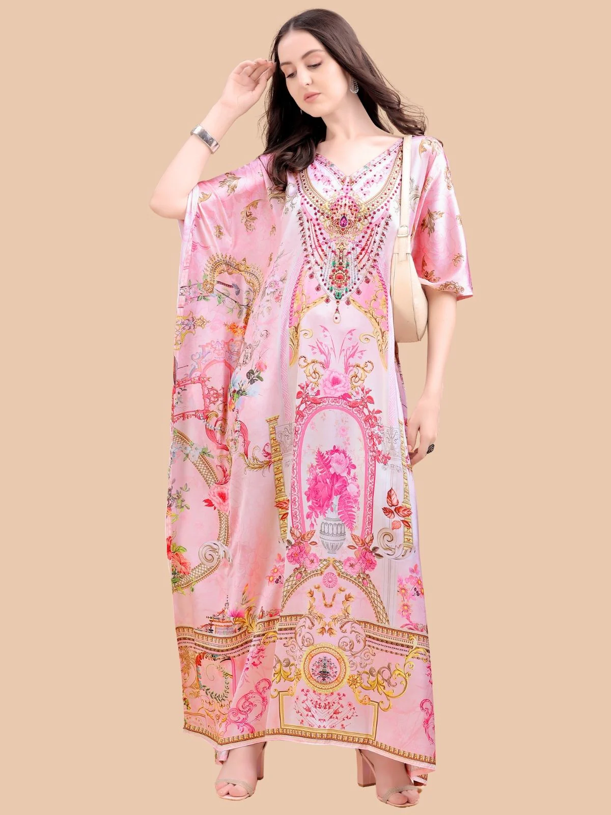 Odette Light Pink Satin Printed Kaftan For Women