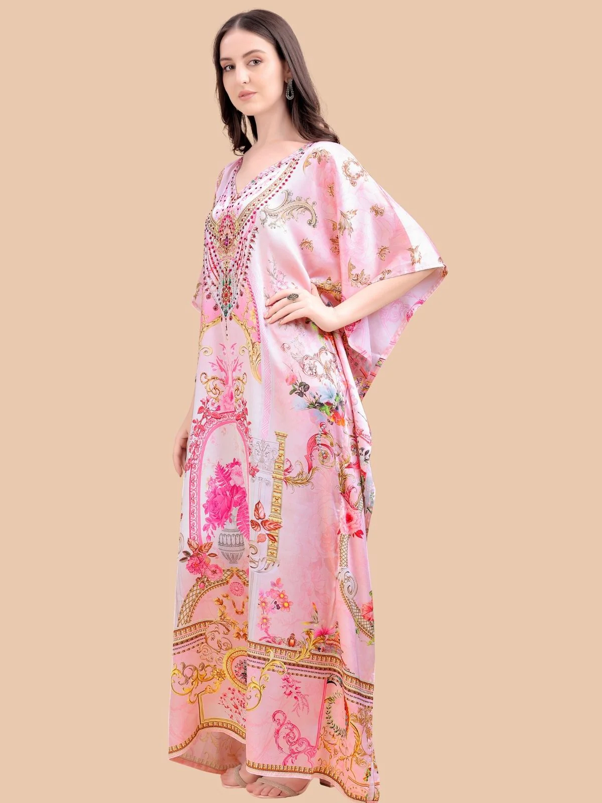 Odette Light Pink Satin Printed Kaftan For Women - Image 2