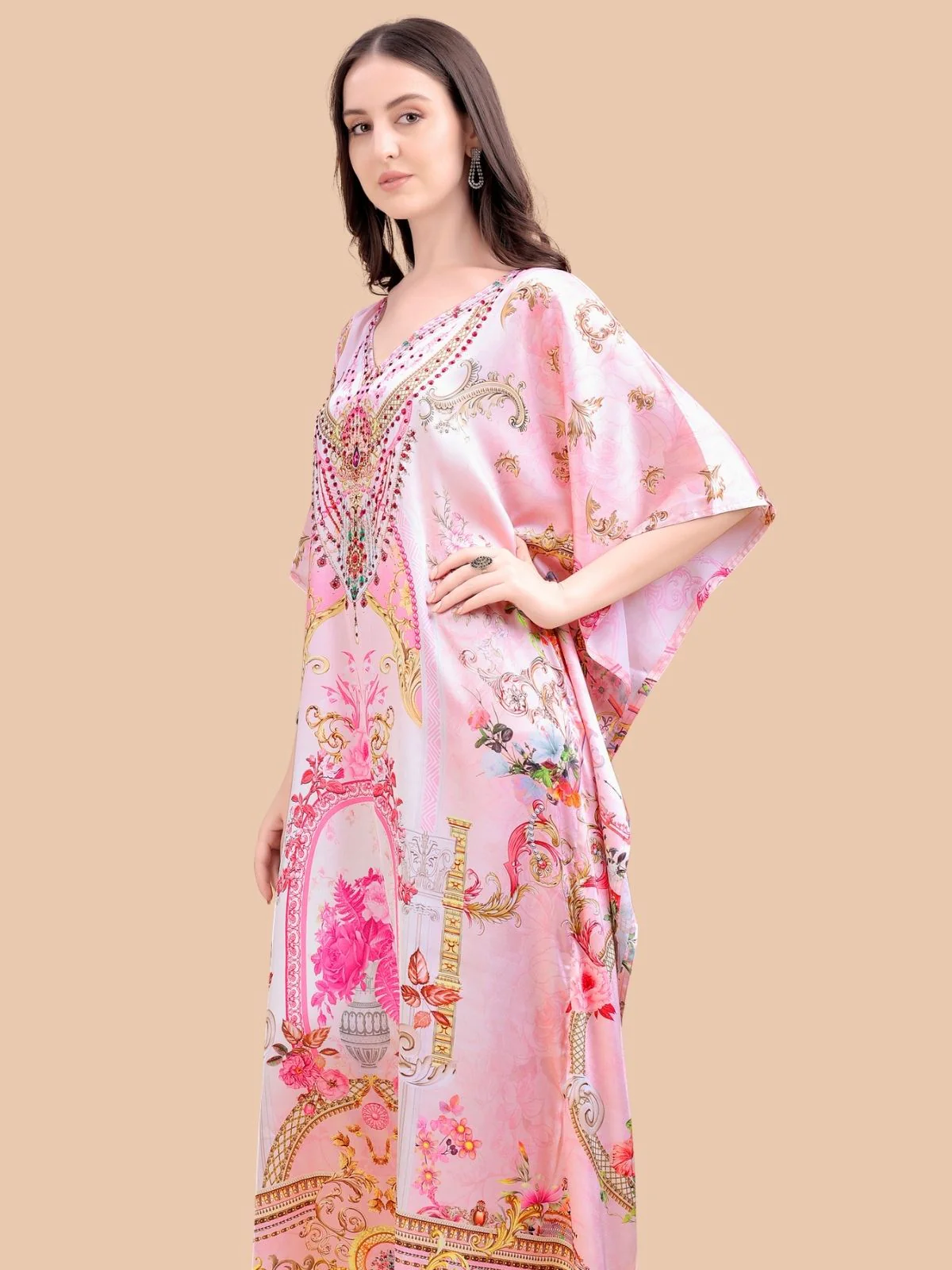 Odette Light Pink Satin Printed Kaftan For Women - Image 4