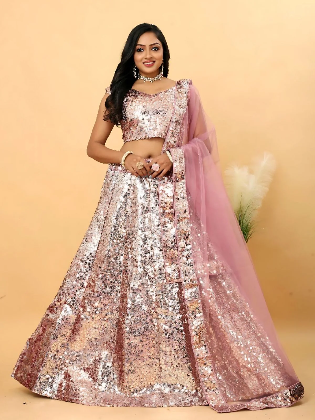 Odette Light Pink Satin Slik Embellished Semi-Stitched Lehenga For Women