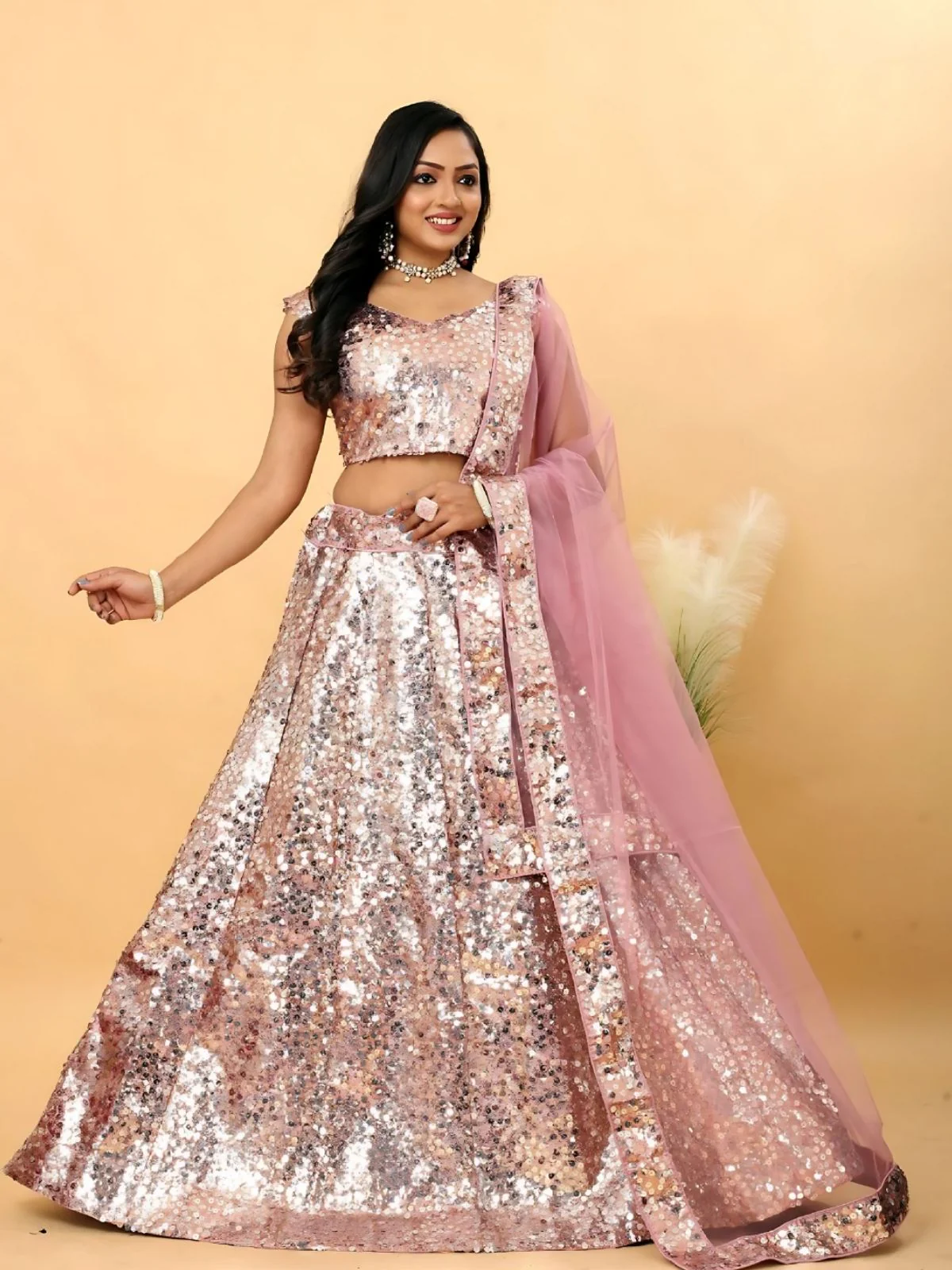 Odette Light Pink Satin Slik Embellished Semi-Stitched Lehenga For Women - Image 2