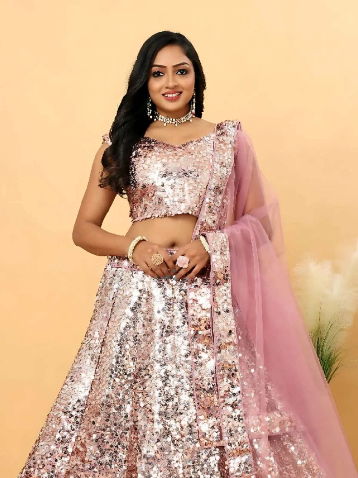 Odette Light Pink Satin Slik Embellished Semi-Stitched Lehenga For Women - Image 3