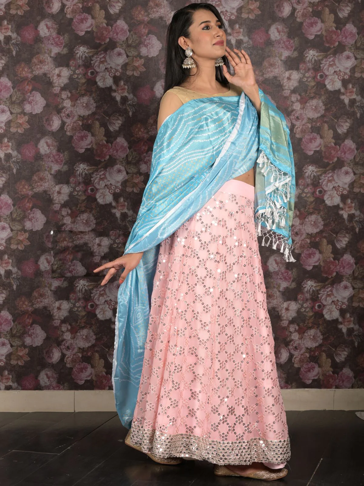 Odette Light Pink Sequins Embroidered Lehenga Set With Dupatta And Unstitched Blouse For Women - Image 3