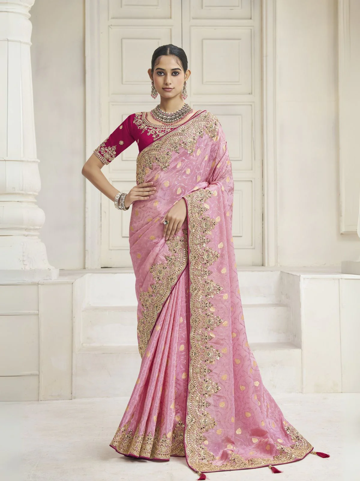 Odette Light Pink Silk Blend Embroidered Saree For Women