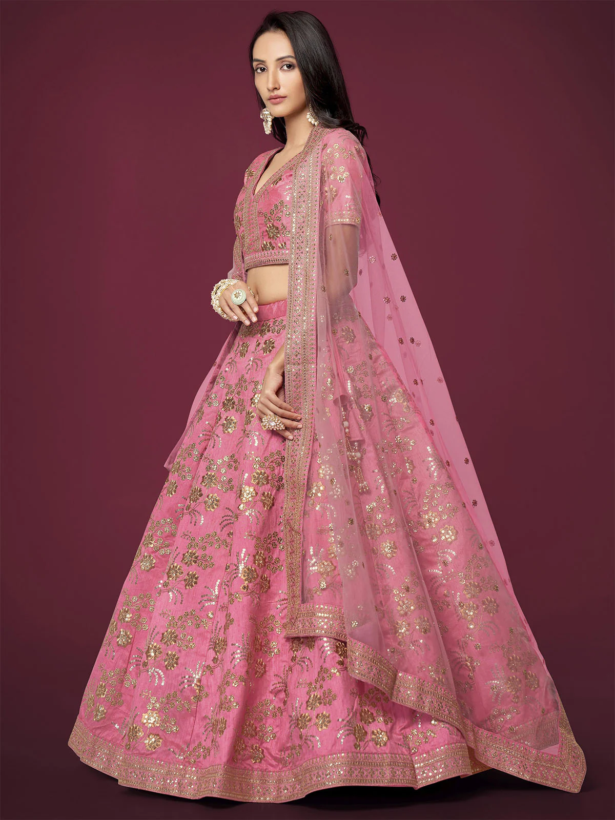 Odette Light Pink Silk Blend Embroidered Semi Stitched Lehenga With Unstitched Blouse For Women - Image 2
