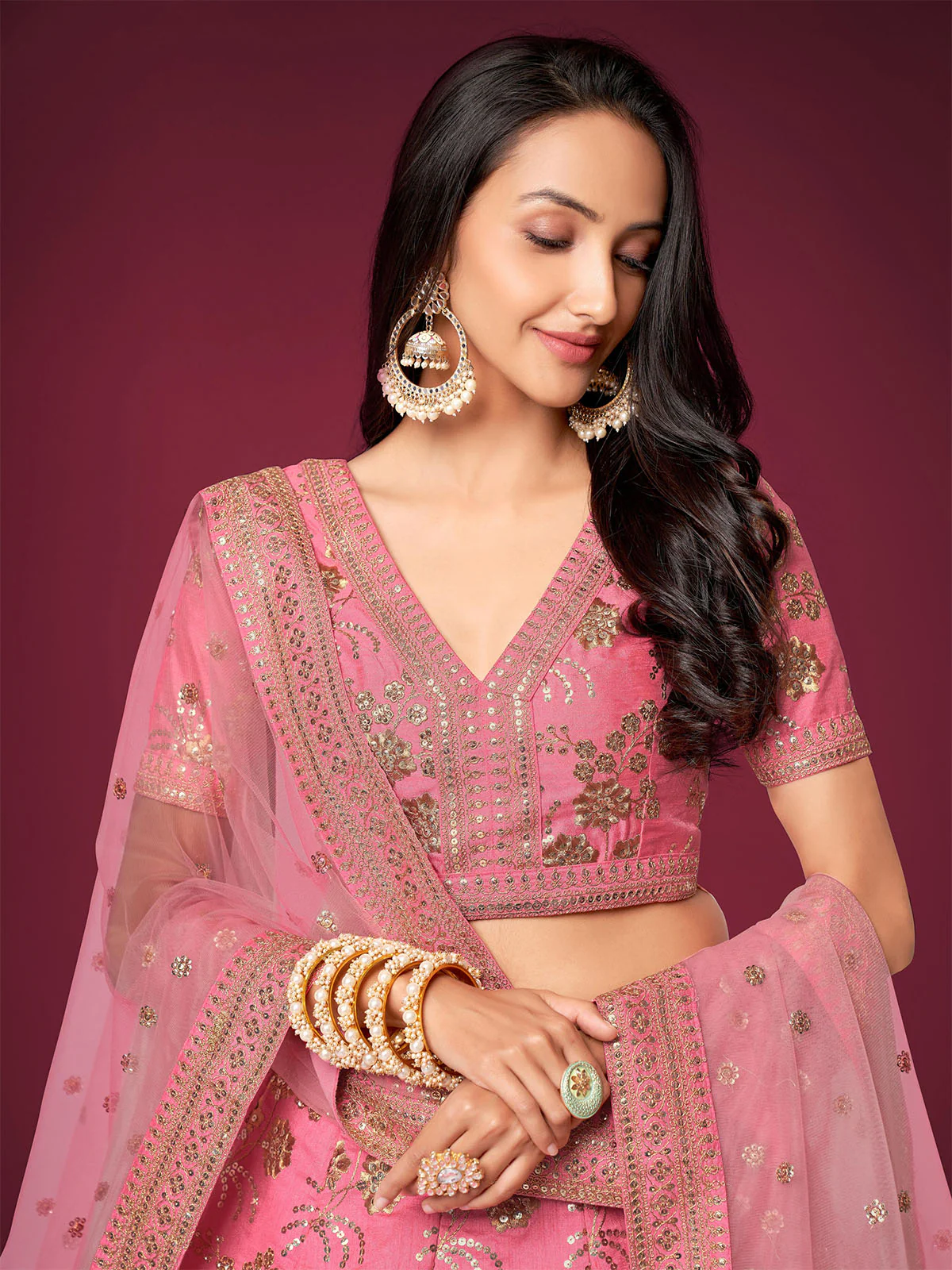 Odette Light Pink Silk Blend Embroidered Semi Stitched Lehenga With Unstitched Blouse For Women - Image 5